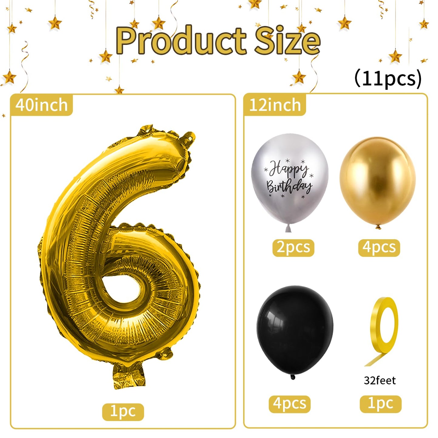 40 Inch Gold Number 6 Balloon, 6Th Birthday Balloons, 11Pcs Gold Black Latex Balloons Silver Birthday Print Balloons Digital 6 F