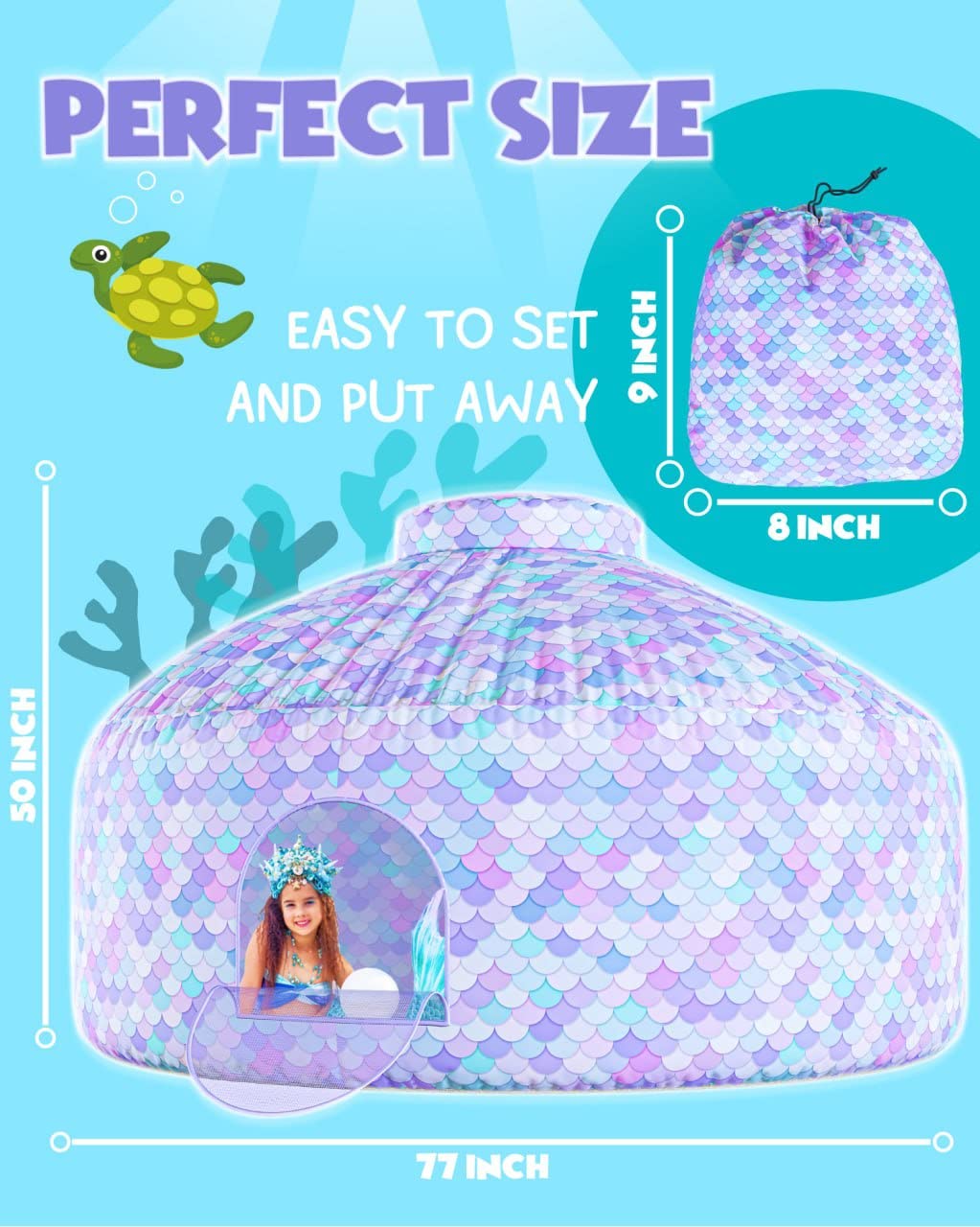 Skywin Inflatable Air Tent Fort for Kids - Large Mermaid Playhouse with Door, Purple, Polyester, Easy Setup and Storage