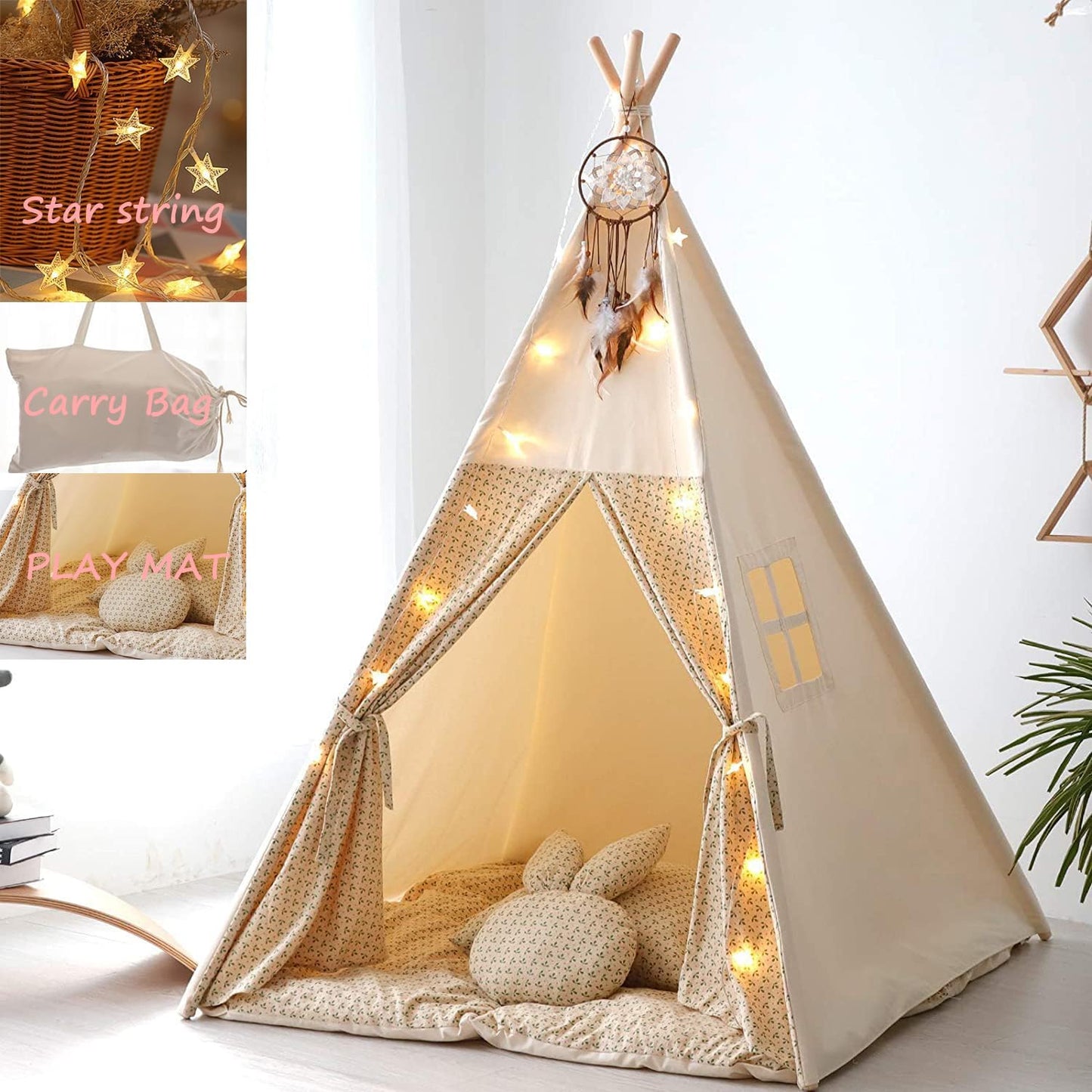 Treebud Teepee Tent For Kids With Mat,Foldable Play Tents For Girl And Boy With Carrybag,Canvas Tipi Playhouse For Children Indo