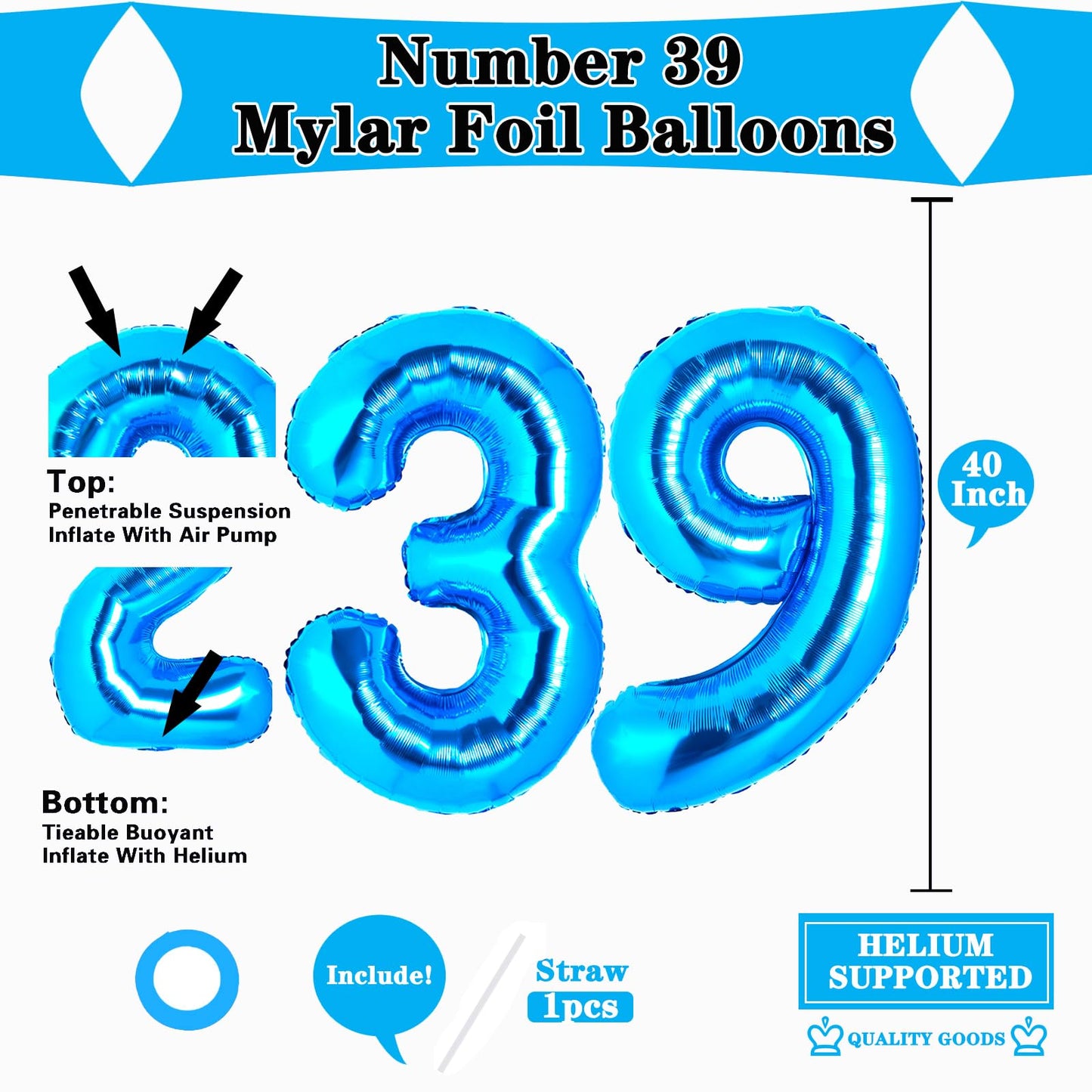 Uwpvowsr Blue Number 39 Balloons 40'' Foil Number Balloon 39Th Birthday Balloons Digit 39 Helium Big Balloons For Birthday Party