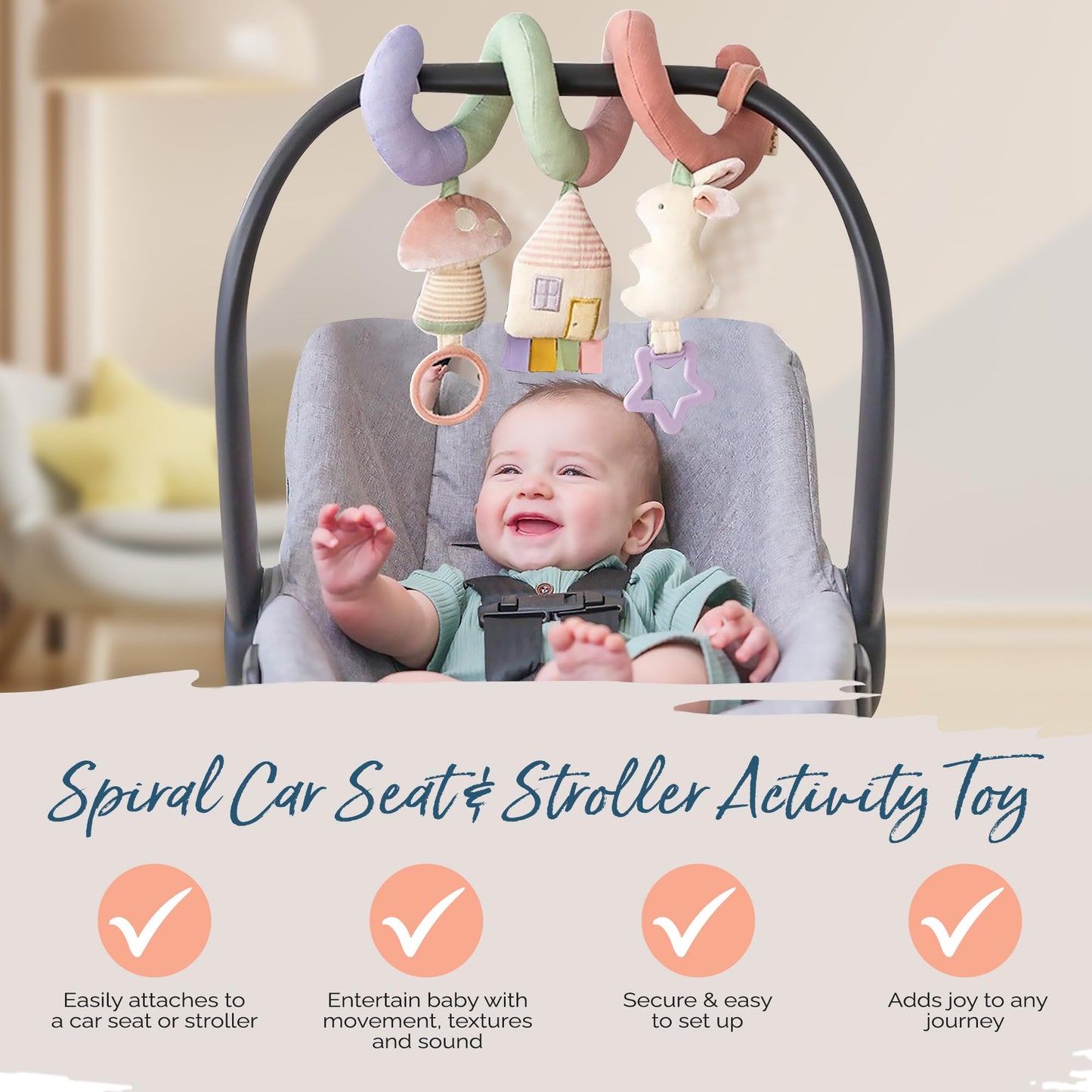 Itzy Ritzy Spiral Car Seat & Stroller Activity Toy - Stroller & Car Seat Toys For Ages 0 Months And Up - Hanging Toys Include Dangling Ring, Mirror And Textured Ribbons (Pastel Rainbow)