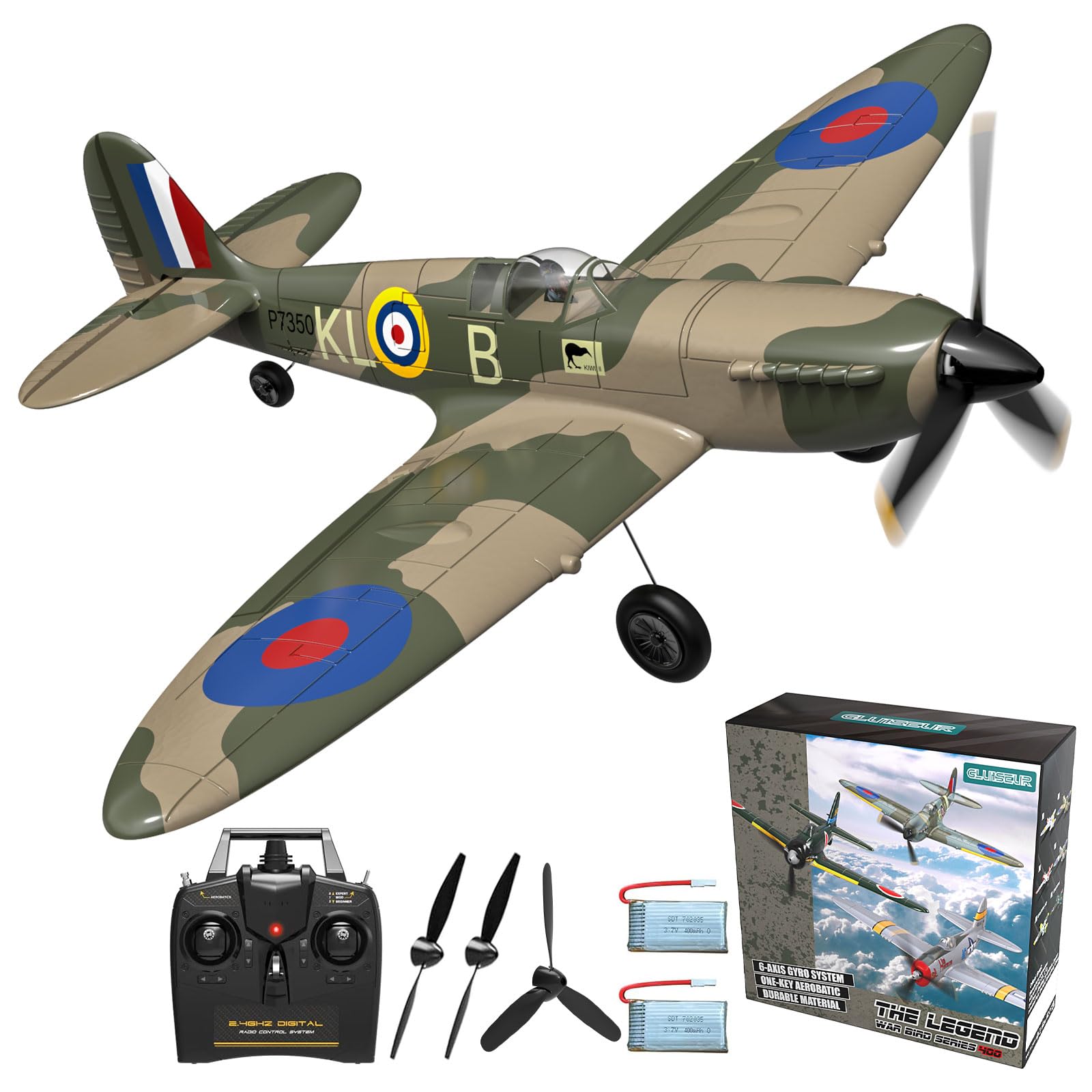 GLUISEUR Remote Control Aircraft Plane, Spitfire RC Plane with 3 Modes for Easy U-Turns and Control for Adults & Kids