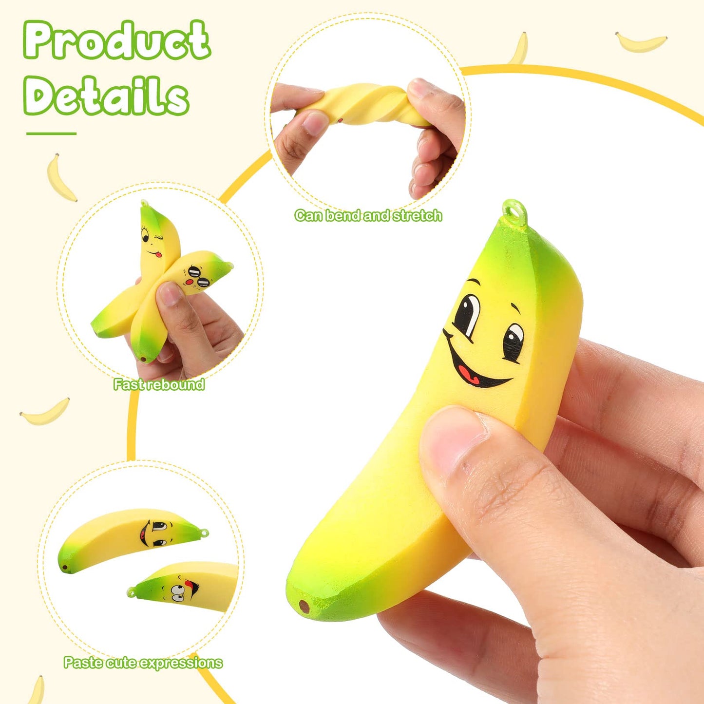 16 Pcs 3.7 Inch Banana Stress Toys Banana Stretchy Balls with Emotions PU Stress Relief Toy Soft mature-themed Sensory Toys for Relief Party Favors Bag Fillers