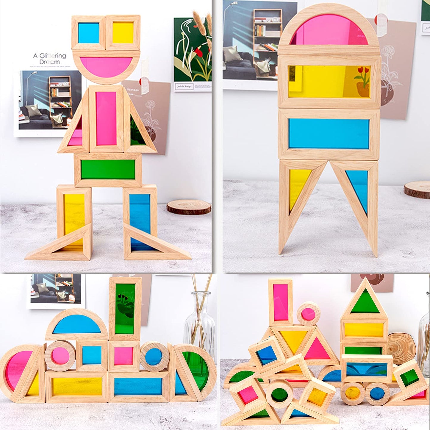 Xylolin Wooden Building Blocks For Toddlers 1-3, 24 Pieces Set Big Toddler Wood Sensory Blocks, Wooden Rainbow Kids Stacking Blocks, Large Colored Window Blocks Educational Toys For Boys Girls