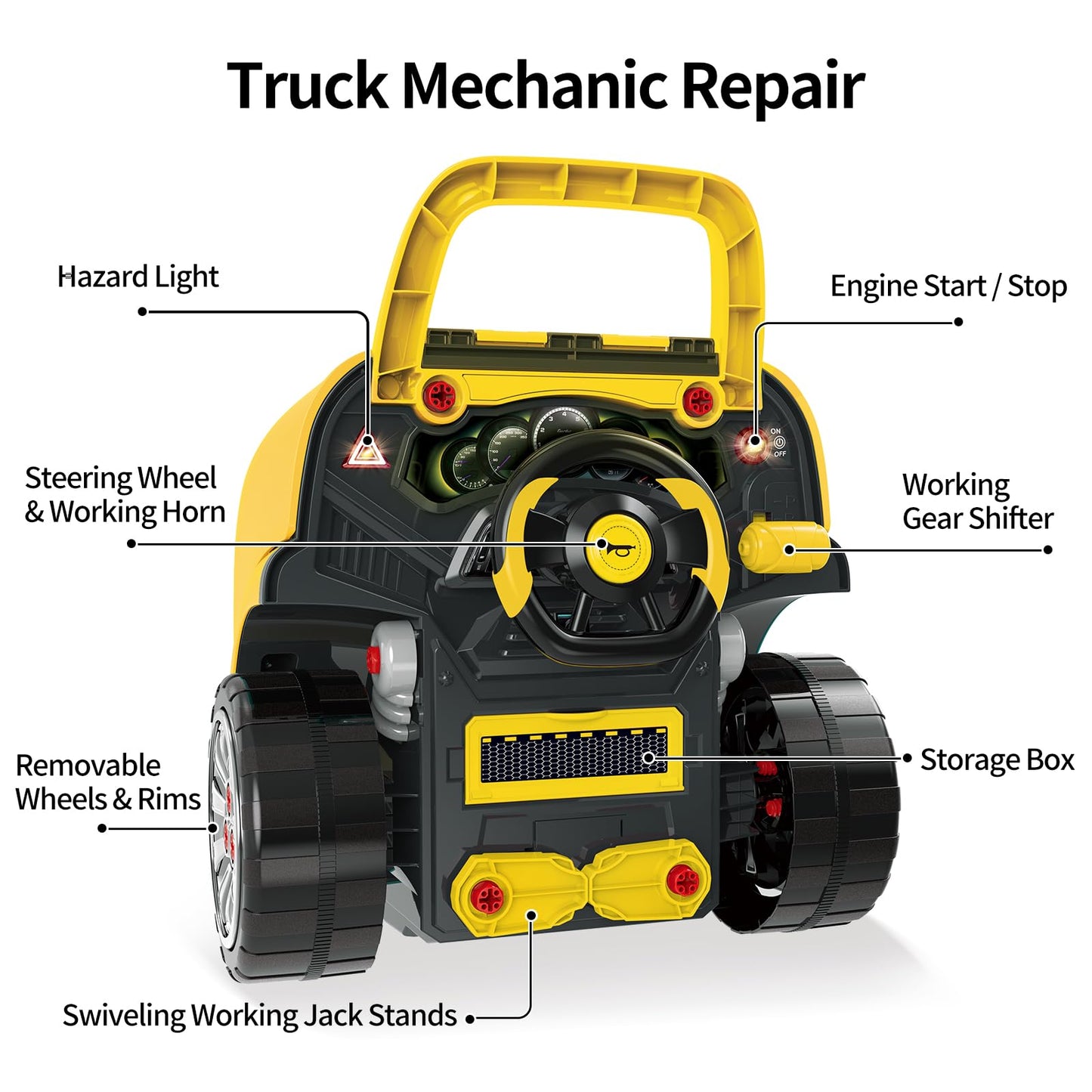 Deejoy Large Truck Builder Kit for Toddlers 3-5, Yellow Mechanic Workshop Set with Light & Sound, Removable Engine, 15.3x18.7 Inch