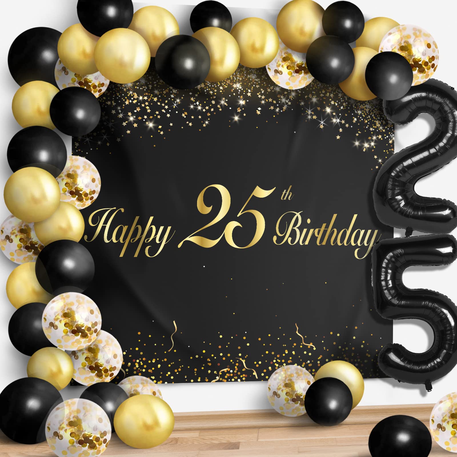 Happy 25Th Birthday Balloons Black Set Decor - Cheers To 25 Years Old Party Theme Garland Banner Backdrop Decorations For Women