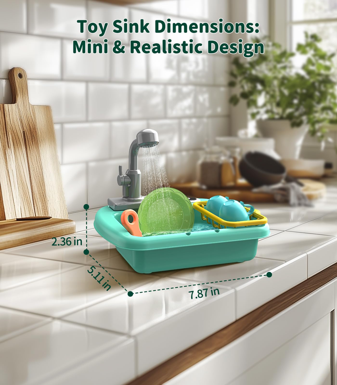 Geyiie Mini Toddler Sink Toy, Play Sink with Running Water, Automatic Water Cycle System and 13Pcs Rich Kitchen Accessories, Kid