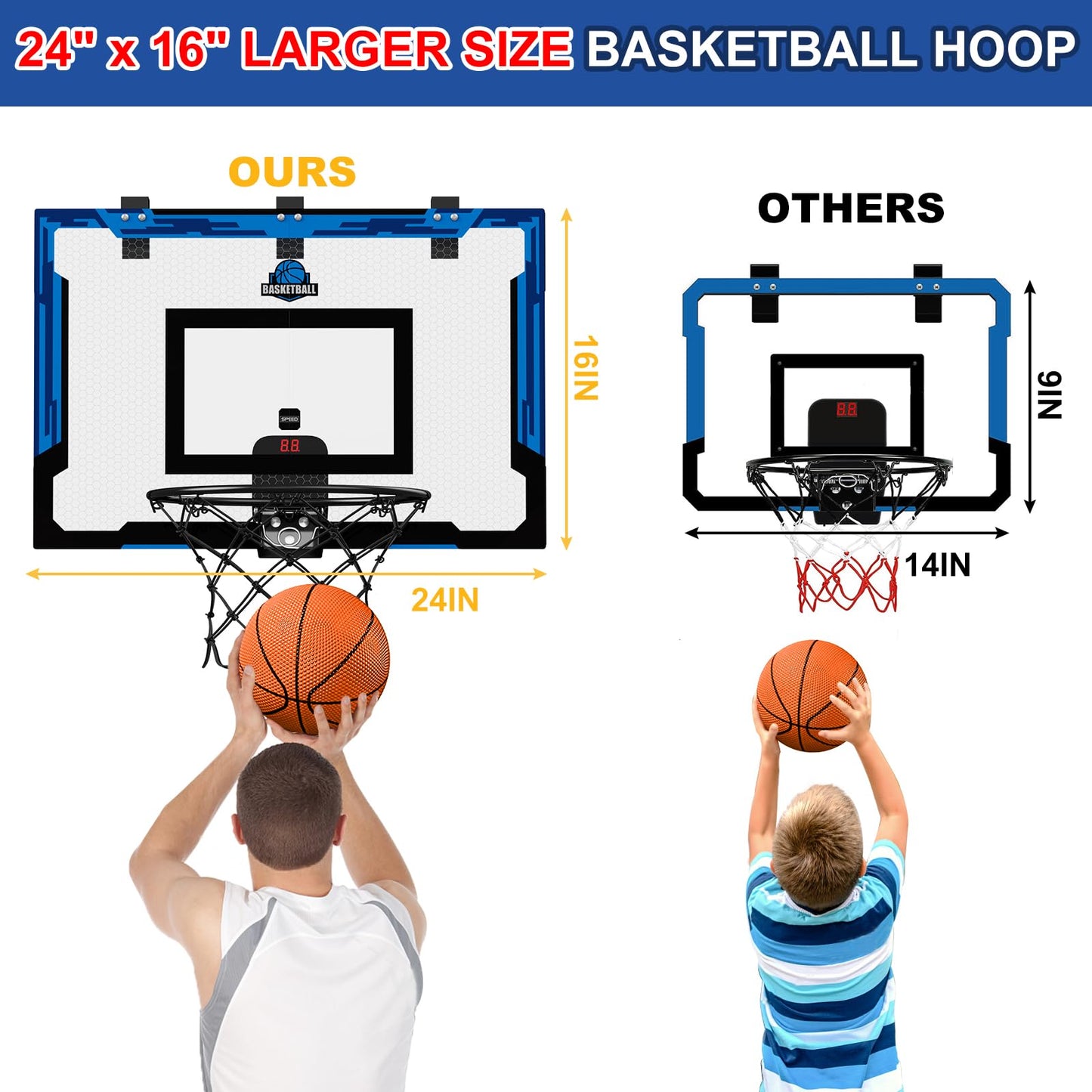 HYES 24 x 16 Large Basketball Hoop Indoor for Adults, Over The Door Basketball Hoop with Sturdy Backboard, Big Basketball Toys G