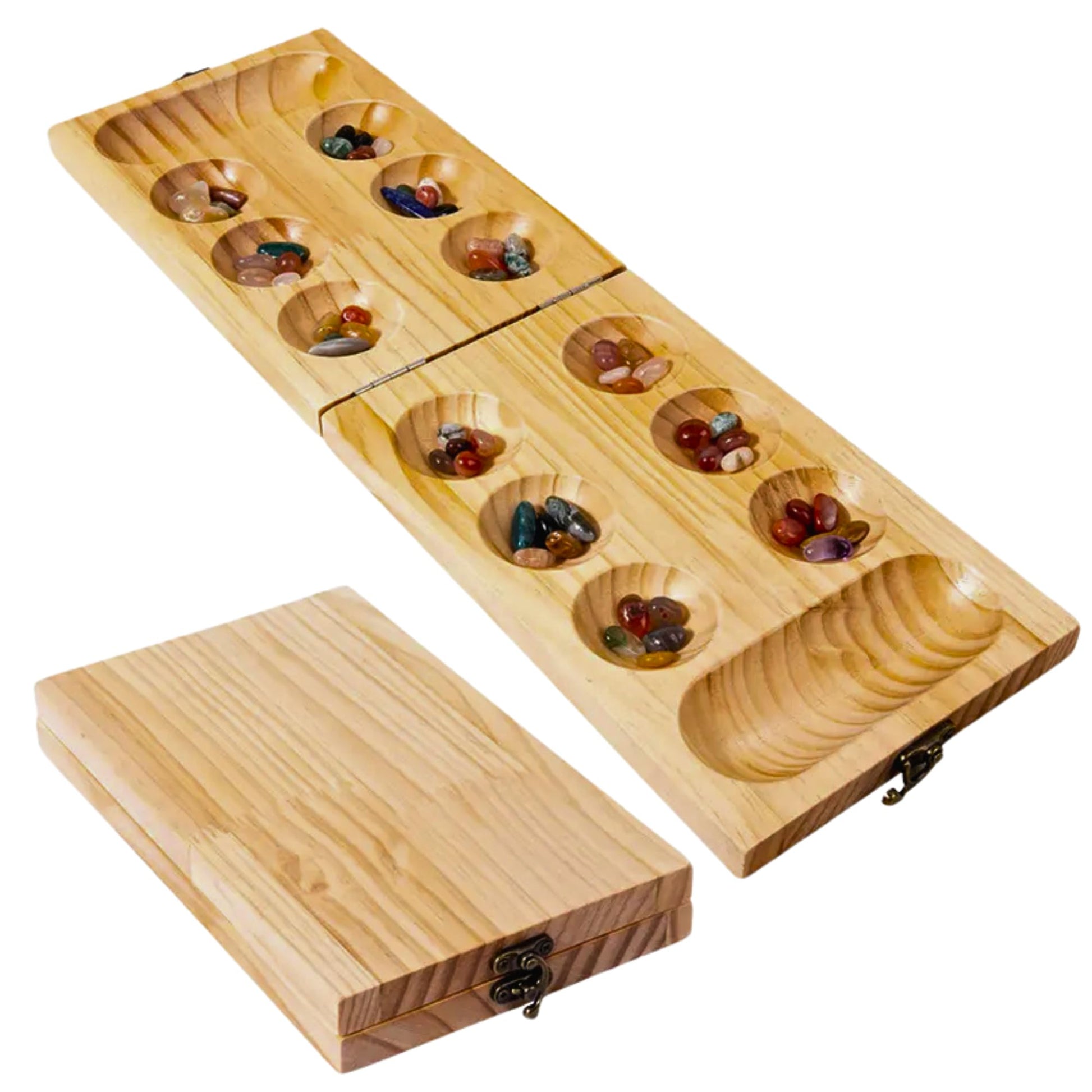 Paljji Handicrafts Vamana Guntalu/Pallanghuzi/Mancala Wooden Board Game With Sea Shells, Storage Bag (Import Quality - Natural S
