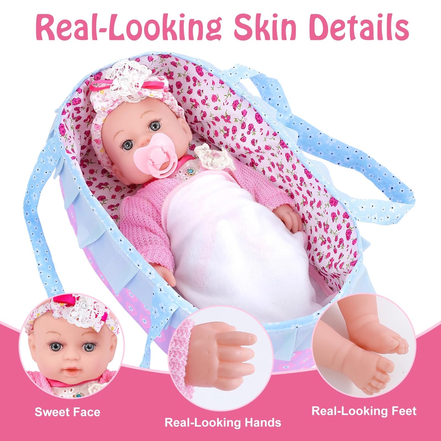 Uzidbto Realistic Baby Dolls 12 Inch Girl Baby Doll With Accessories And Clothes Includes Blanket,Carrier Bassinet Bed,Pacifier,