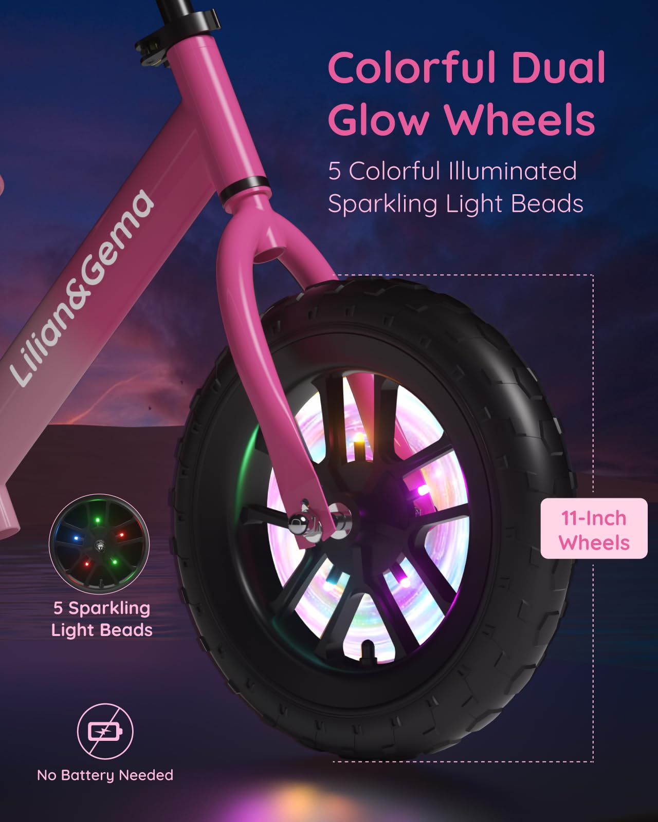 Lilian&Gema Toddler Balance Bike Colorful Lighting, 12'' Kids Balance Bike For 2-5 Years Old With Adjustable Seat & Handlebar, T