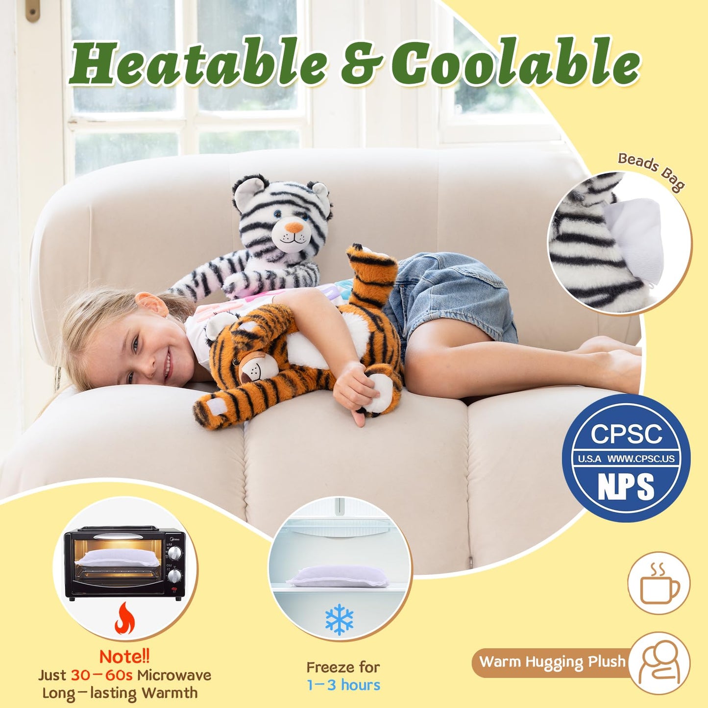 MorisMos Tiger Stuffed Animals Duo - Microwavable Plush Toys, 12" Multicolored Heating Pad for Kids & Couples