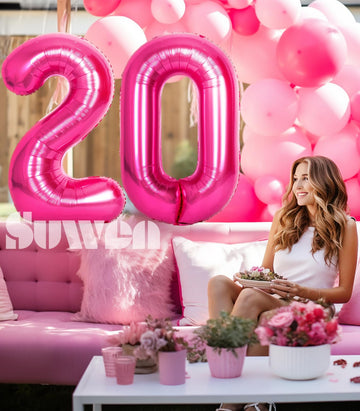 Suwen 40 Inch Hot Pink Large 20 Number Balloons Big Foil Helium Number Balloons 0-9 Jumbo Happy 20Th Mylar Birthday Party Decora