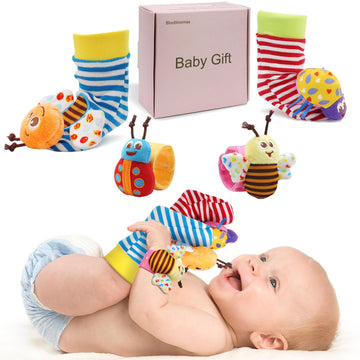 Bloobloomax Baby Rattles Toys For 0-12 Month, Infant Girl Boy Toys For Babies 3-6 Months, Newborn Hand & Foot Toys For 0 To 9 Months, Baby Shower Gifts Set With Wrist Rattle Socks (Pink-4Pcs)