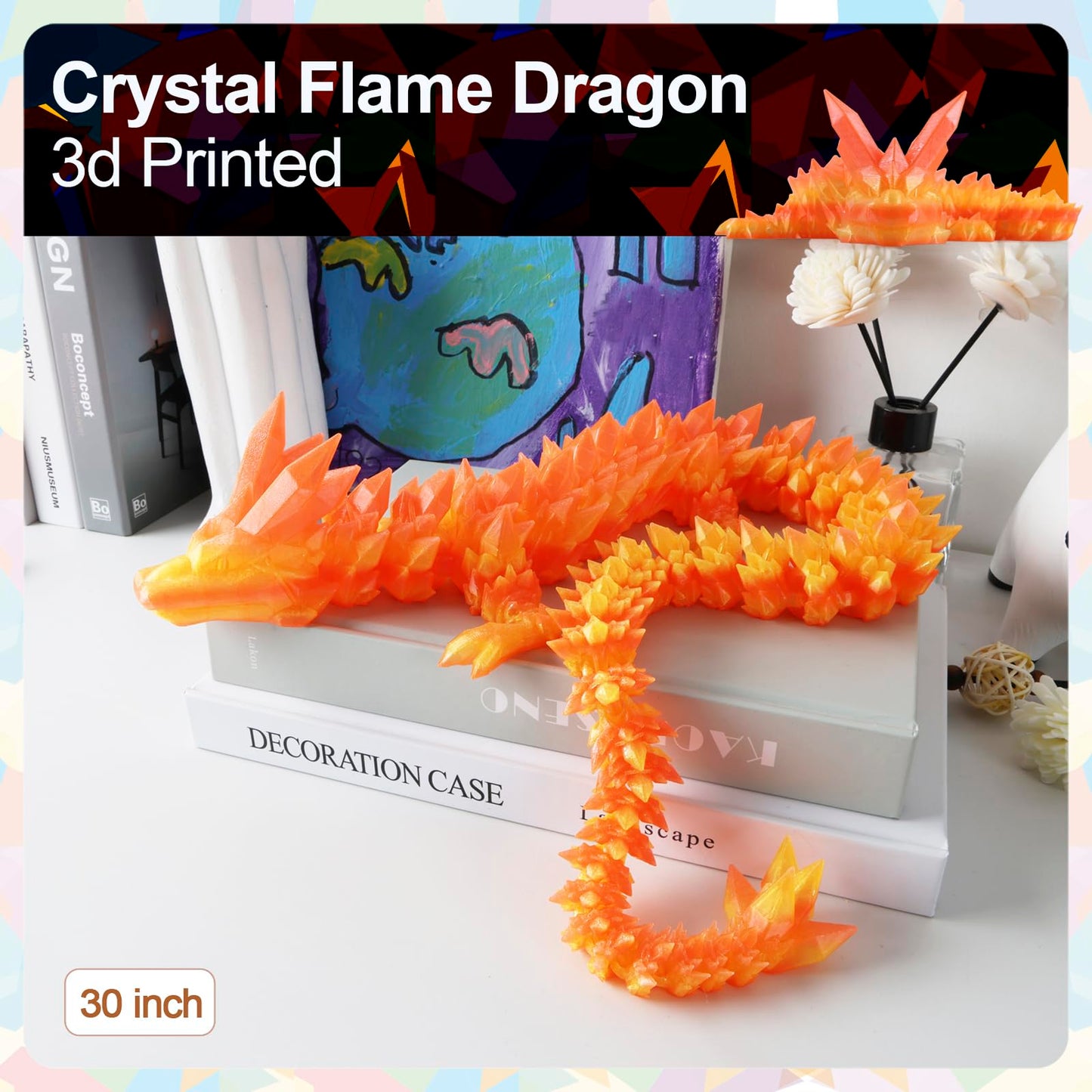 Rwsefk 30 In 3D Printed Dragon, 30Inch Dragon,3D Dragon Toy,Large Dragon Present,Ariculated Crystal Dragon (Flame Colour, 30Inch