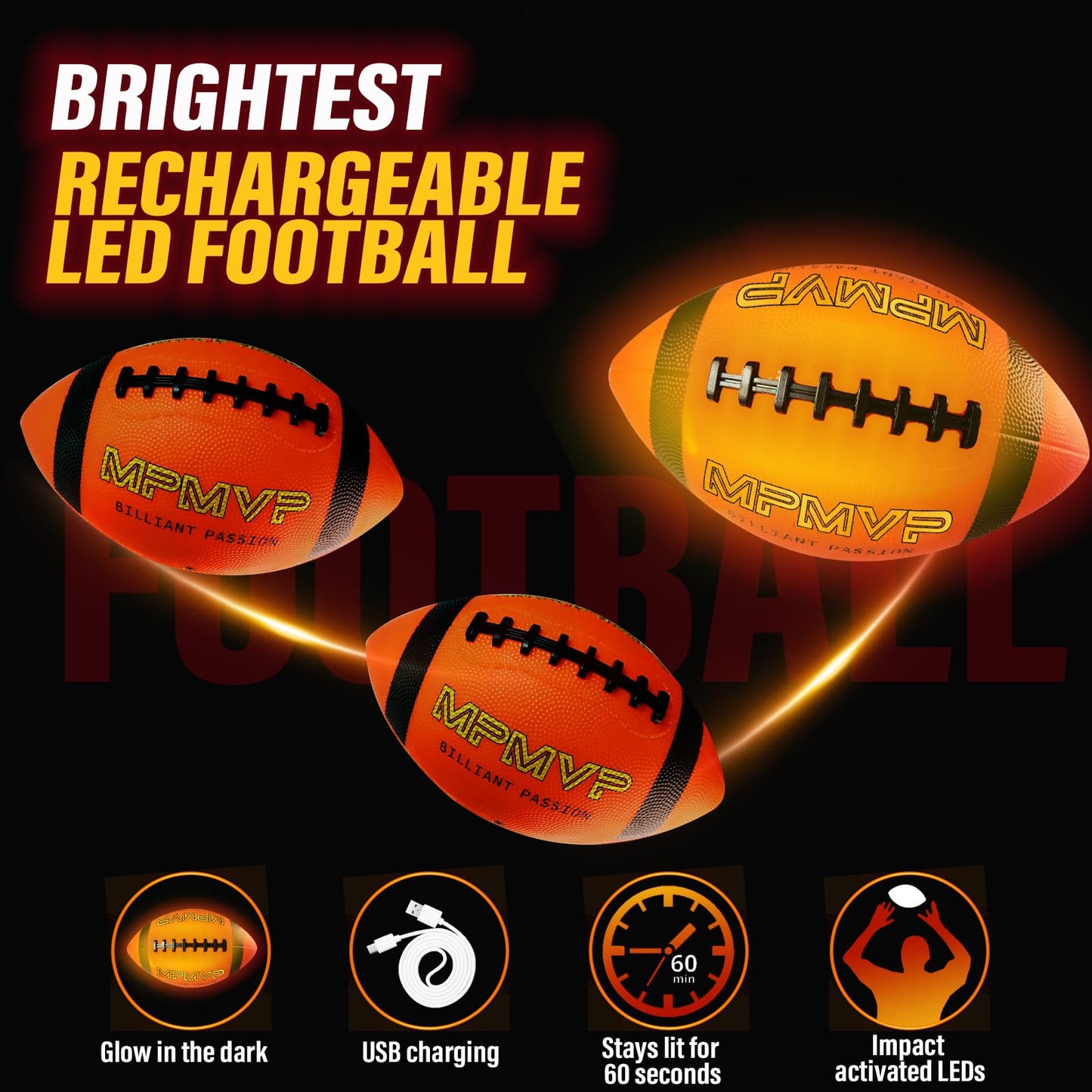 Cadyaw Glow In The Dark Football: Official Size 9 Rechargeable Light Up Football Ideas For Boys 13 14 15 16 17 18 Teen Toys For