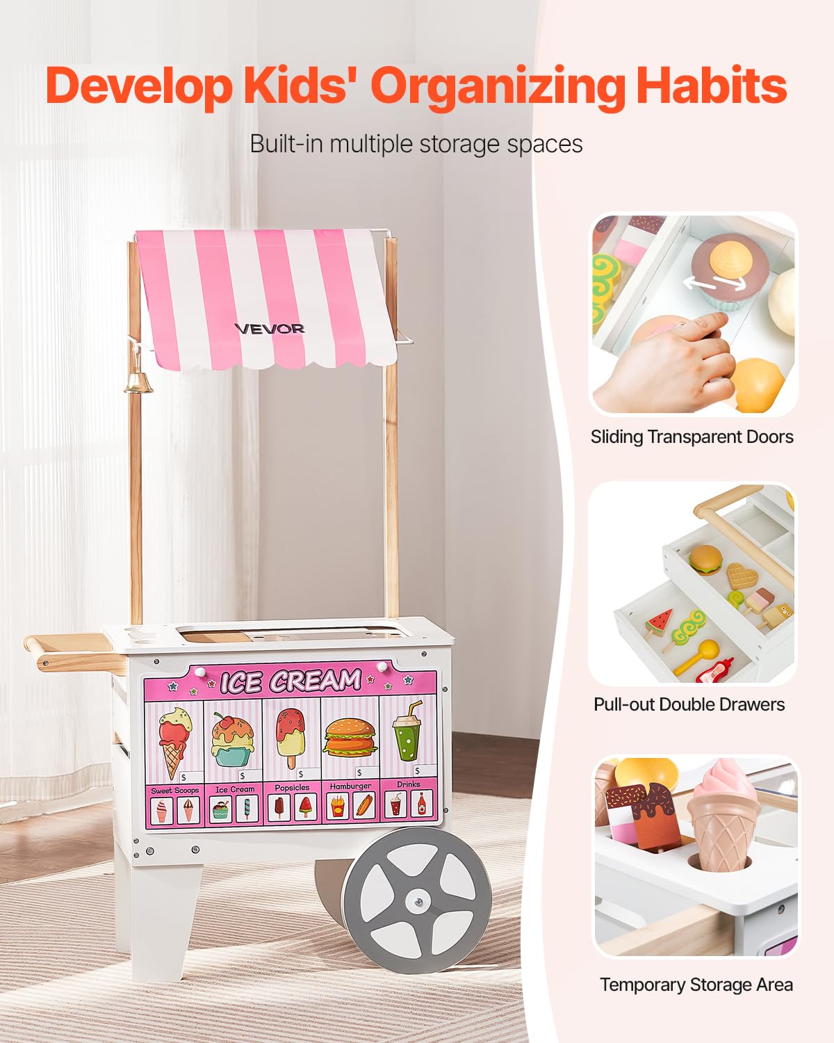 VEVOR Ice Cream Cart for Kids, 20+ PCS Accessories, Pretend Play Ice Cream Shop Kitchen Food Toys with Ice Cream Cone & Popsicle