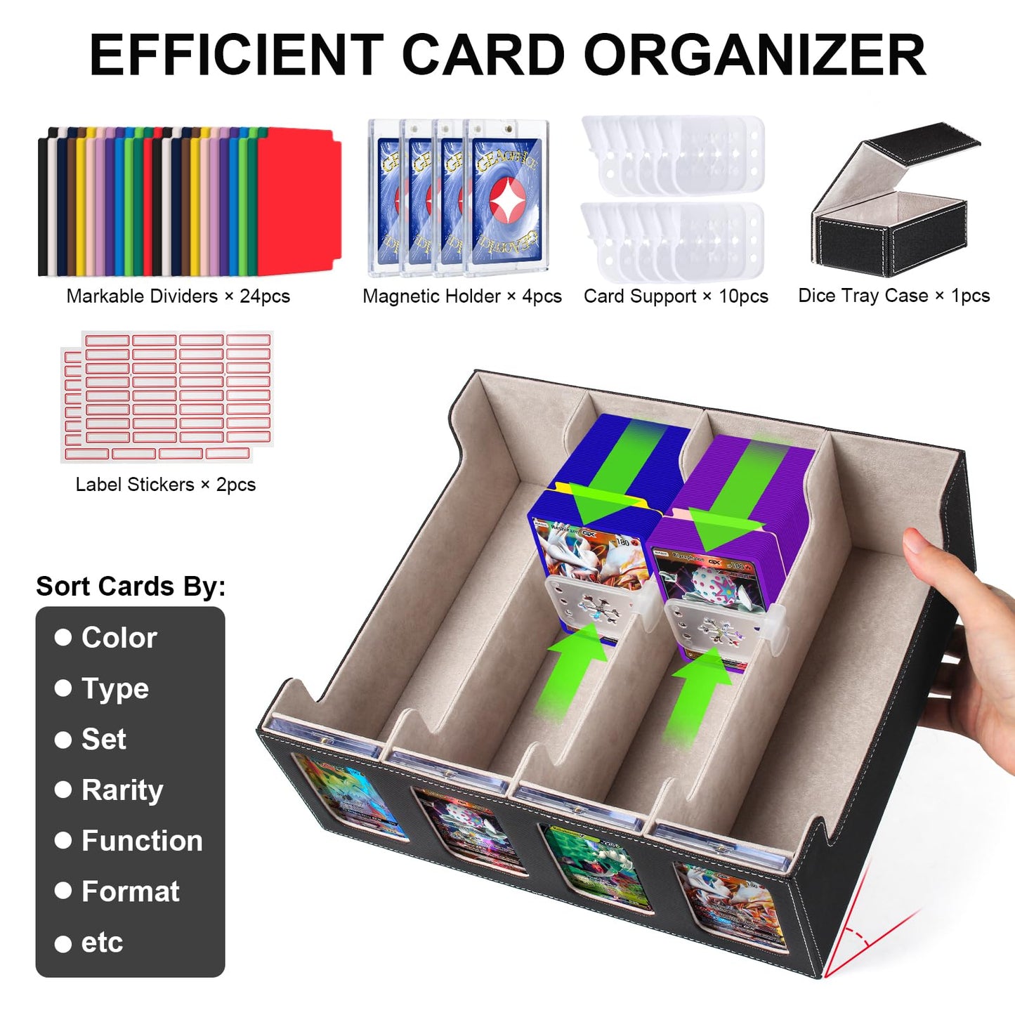 GEAoffice Trading Card Storage Box for 3200+ Cards With Display Windows  enhanced MTG Deck Box With Card Supporters & Divider  MTG Commander Deck Box for TCG  Magic Game  Sports  Black/Grey