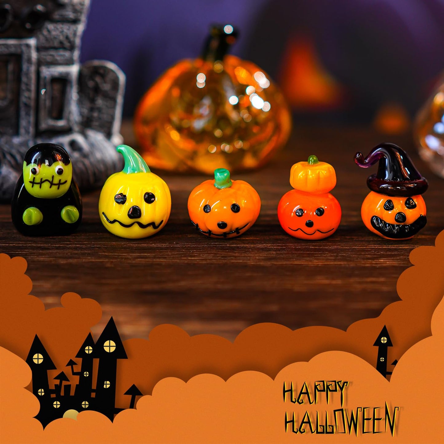 H&D Hyaline & Dora Set Of 5 Blown Glass Pumpkin Figurines, Mini Cute Glass Spooky Pumpkin Handmade Glass Pumpkin For Halloween Carnival Party,Haunted House Tiered Tray Decor