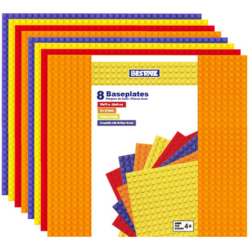 Bestoyz Building Bricks Baseplates Multipack, 32X32 Stud, 8 Pack Of Base Plates In 4 Rainbow Color: Orange, Red, Yellow & Purple, Base For Building Blocks Creations, 10X10 In. (25.5X25.5 Cm)