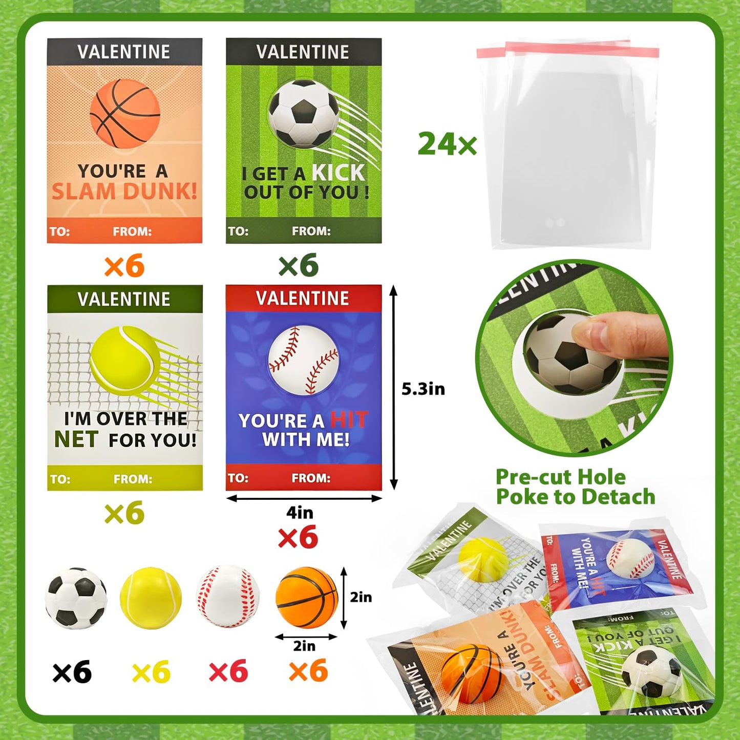 Wondrus Stress Ball Valentines Day Cards - 24 Pack Mini Foam Sports Toys, Multicolor Classroom Goodie Bag Stuffers for Kids