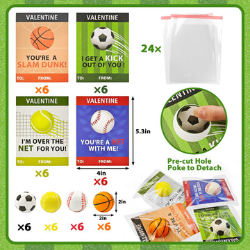 Wondrus Stress Ball Valentines Day Cards - 24 Pack Mini Foam Sports Toys, Multicolor Classroom Goodie Bag Stuffers for Kids