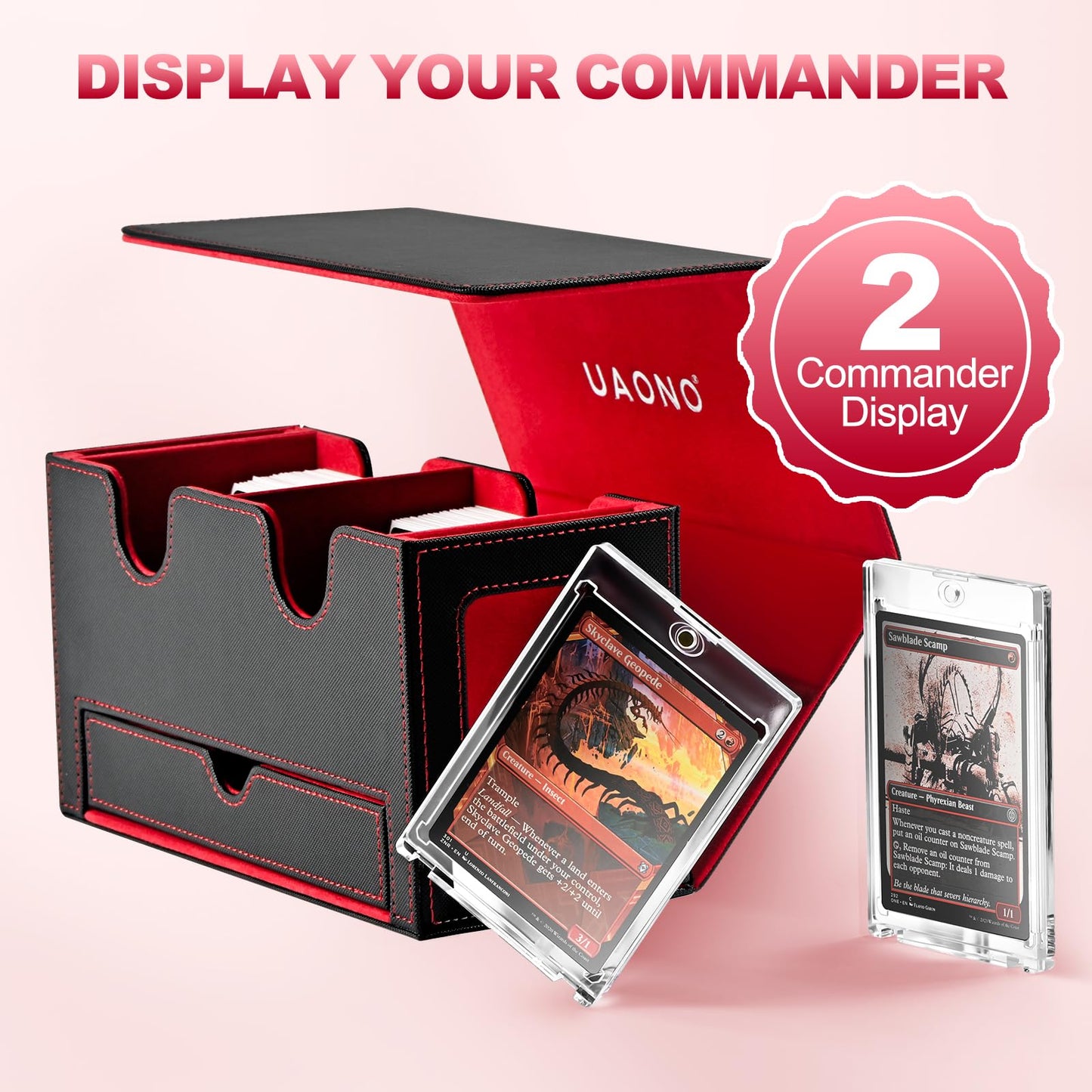 UAONO Card Deck Box for MTG - Double Storage for 200+ Cards, Faux Leather, Black & Red, with 2 Commander Displays & Dice Tray