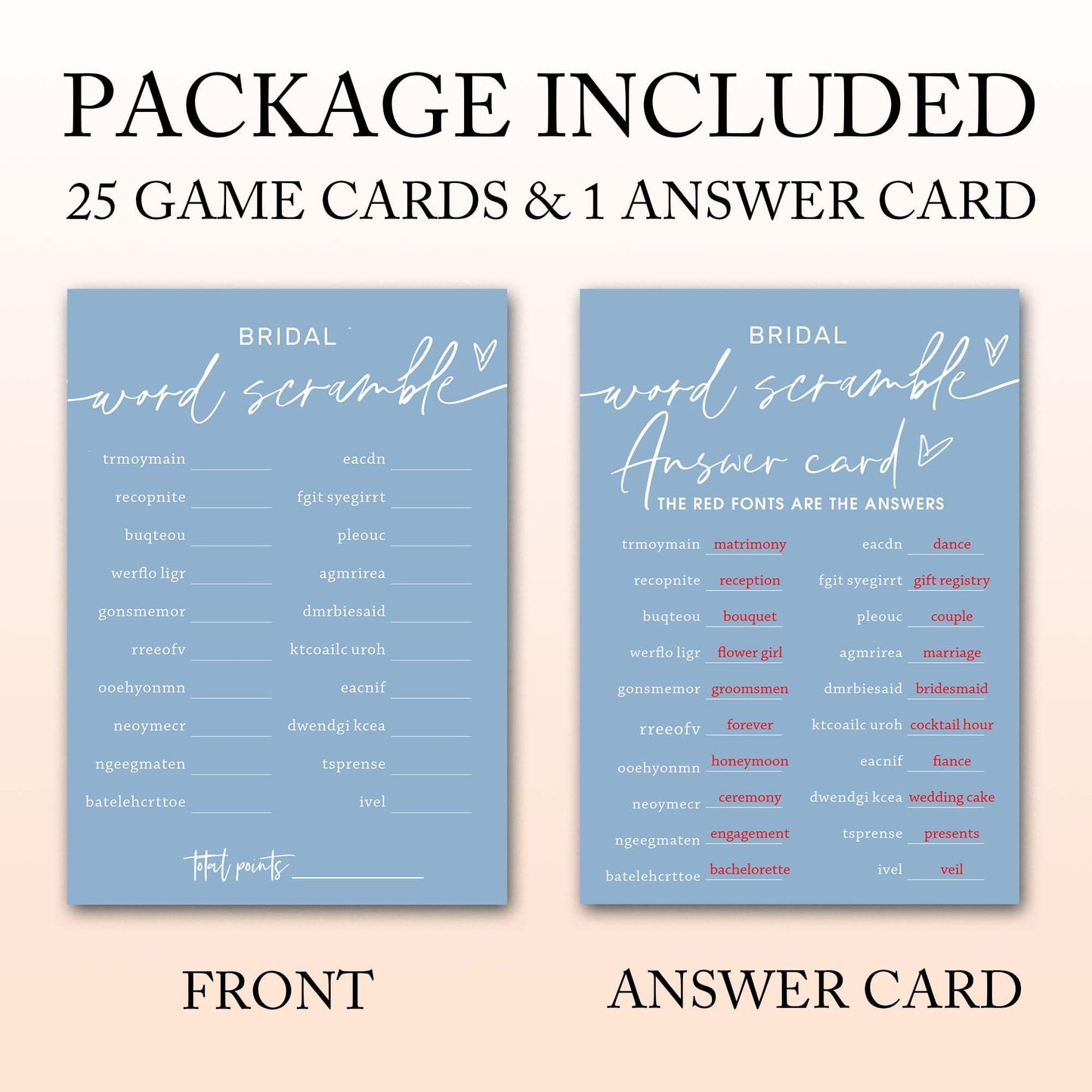 Bridal Shower Games Cards, Bridal Word Scramble, 25 Game Cards With 1 Answer Card, Engagement Party Wedding Games For Guests, Mi