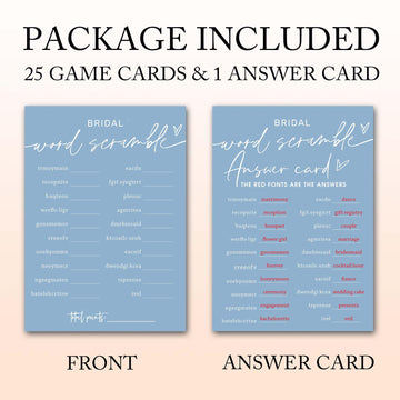 Bridal Shower Games Cards, Bridal Word Scramble, 25 Game Cards With 1 Answer Card, Engagement Party Wedding Games For Guests, Mi