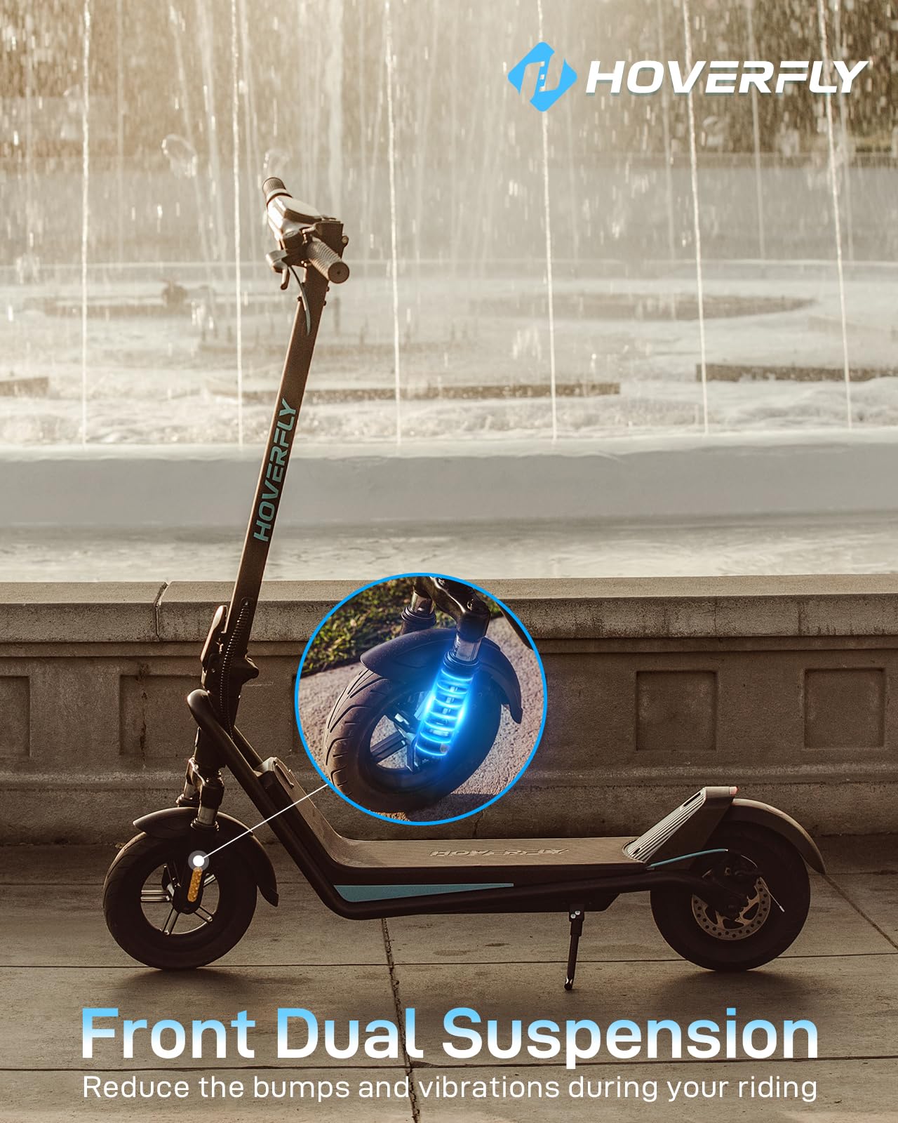 Hoverfly X5 Electric Scooter for mature-themeds  Anti-Flat 10 Solid Tire  Max 25 Mile Range and 20Mph Speed Power by 500W Motor 15% Uphill with Front Suspension Shock Absorber  Foldable Commuting Escooter