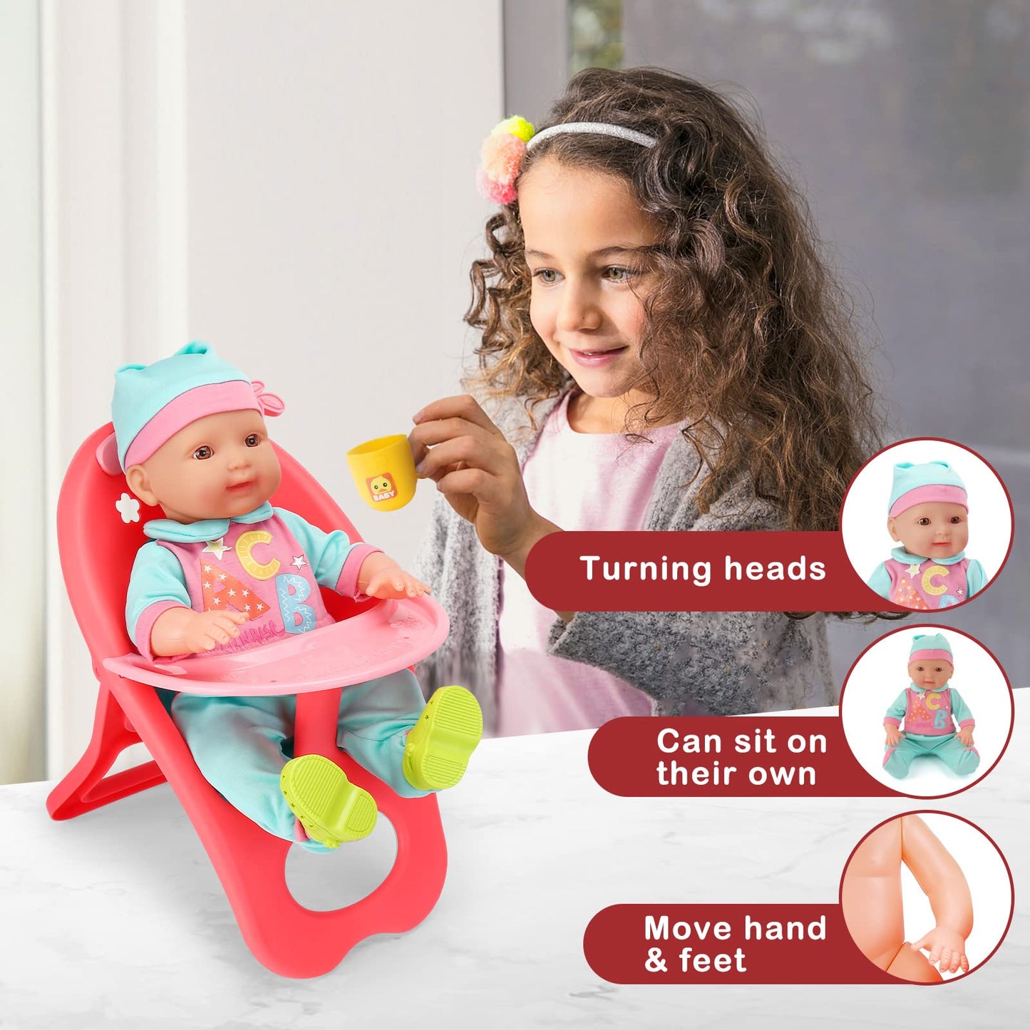 Deao Baby Doll Set, 25 Pcs Baby Doll Accessories With High Chair, Bath, Crib, Feeding Accessories 14' Pretend Play Baby Dolls Toys Gift For Girls