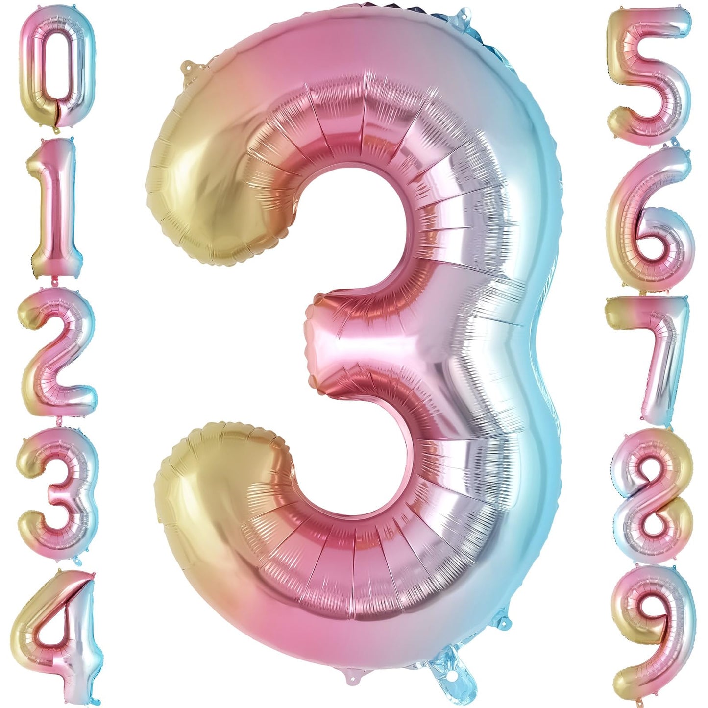 Rainbow Gradient Number 3 Balloon, 40 Inch Big Large Foil Number Balloons, Jumbo Mylar Number 3 Balloons For 3 Third Birthday Pa
