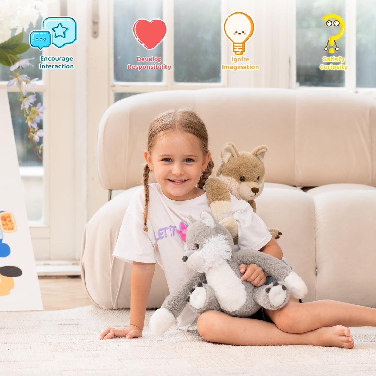 MorisMos Wolf Stuffed Animals Duo - Freezable & Microwavable Plush Toys, 12" Multicolored Coyote Decor for Kids & Adults