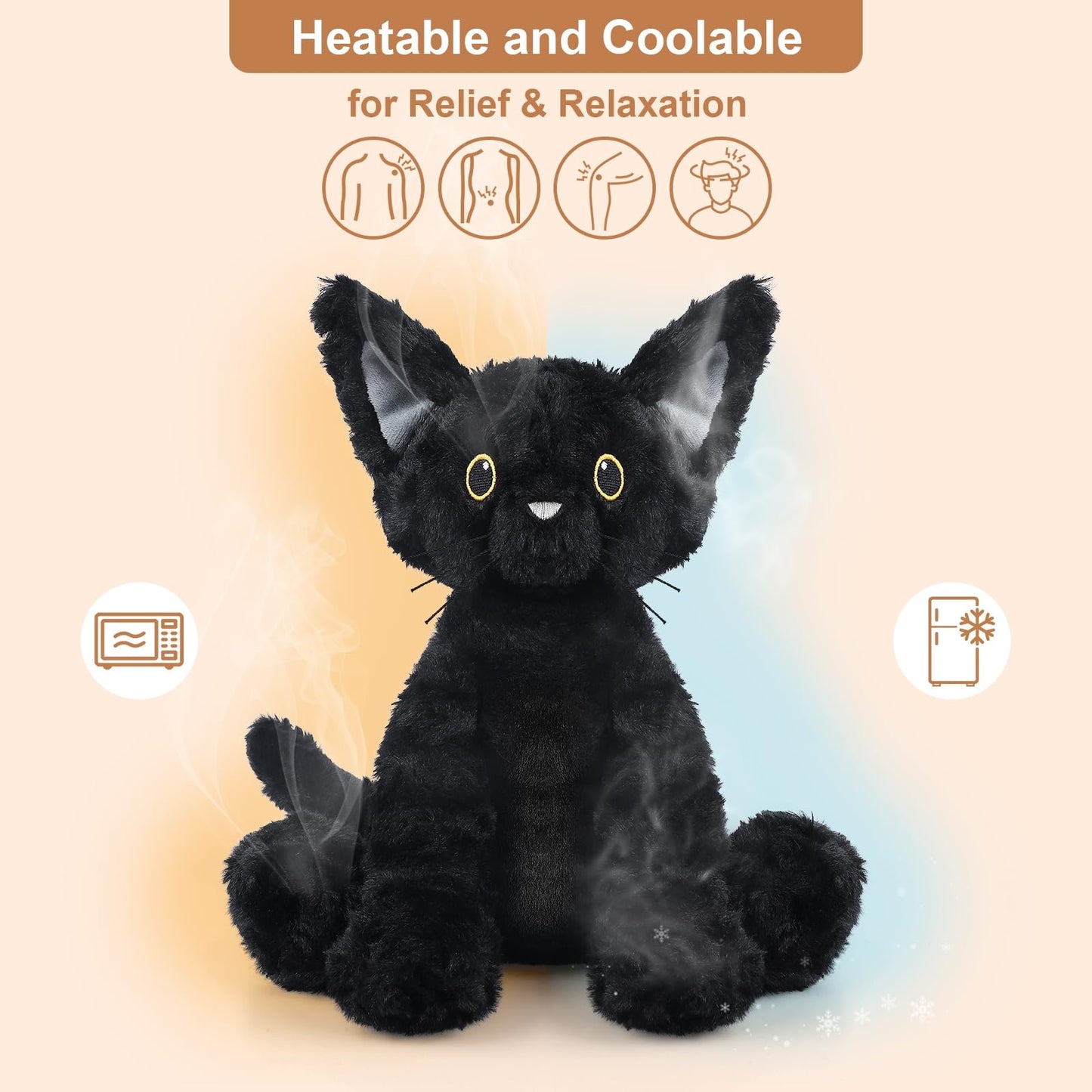 SuzziPals Devon Cat Plush - Coolable & Heatable Microwavable Heating Pad, Lavender Scent, Black Color, Perfect Gift for Kids & Adults