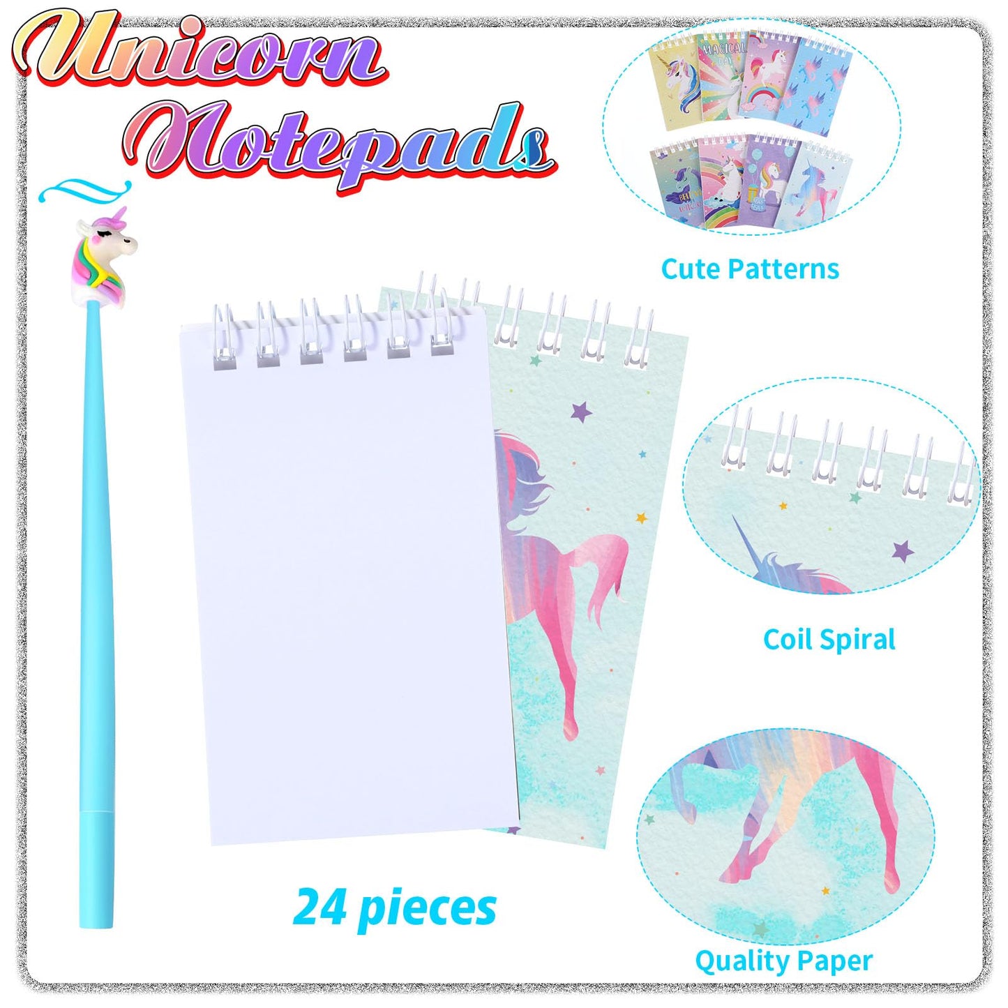 Yeaqee 48 Pcs Cute Unicorn Party Gift Set Spiral Notebooks Gel Ink Pens Bulk Classroom Reward Prizes Stationery Set for Unicorn
