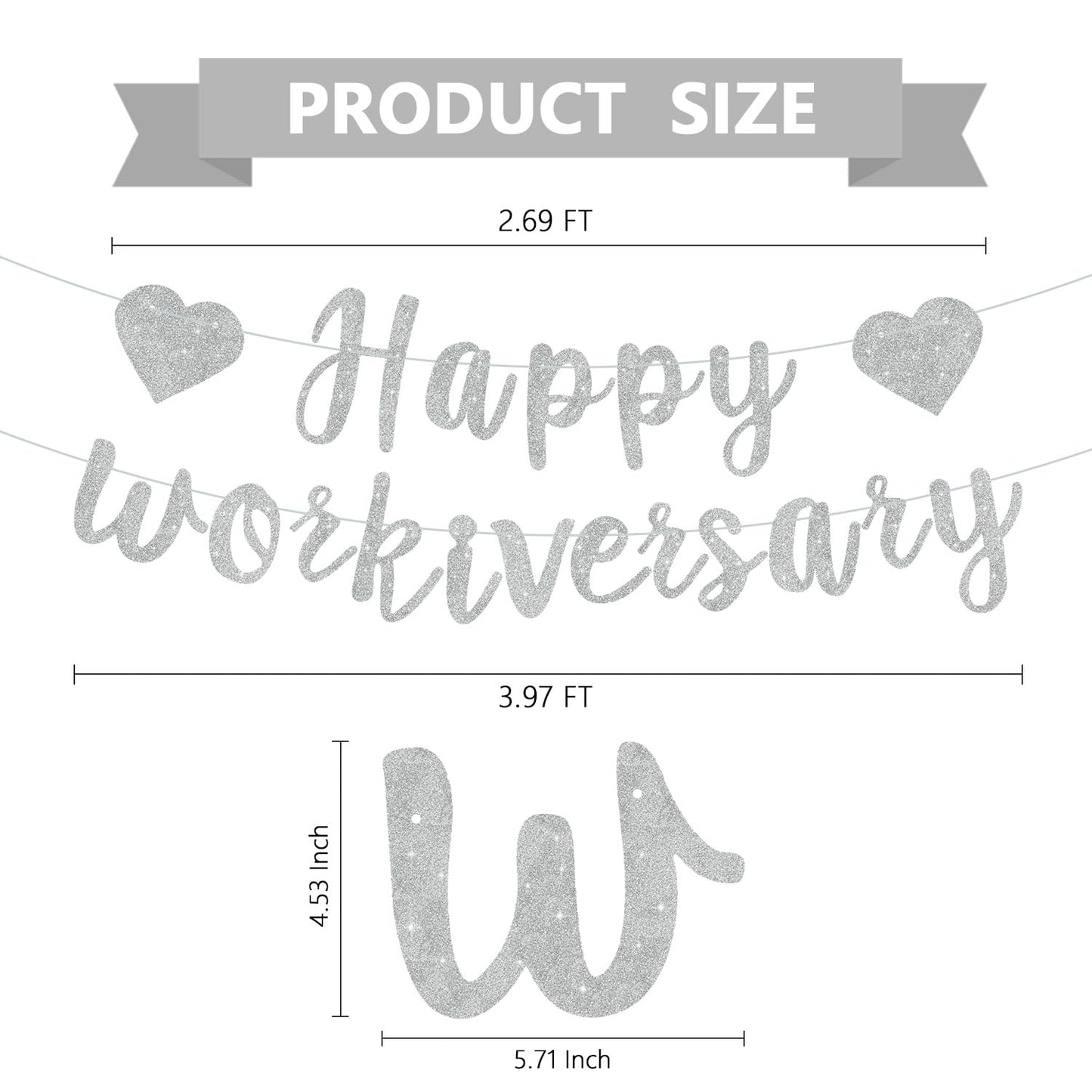 RICHHHA Silver Glitter Happy Workiversary Banner - NO DIY - Black Work Anniversary Decoration, Pre-Strung Sign Bunting for Offic