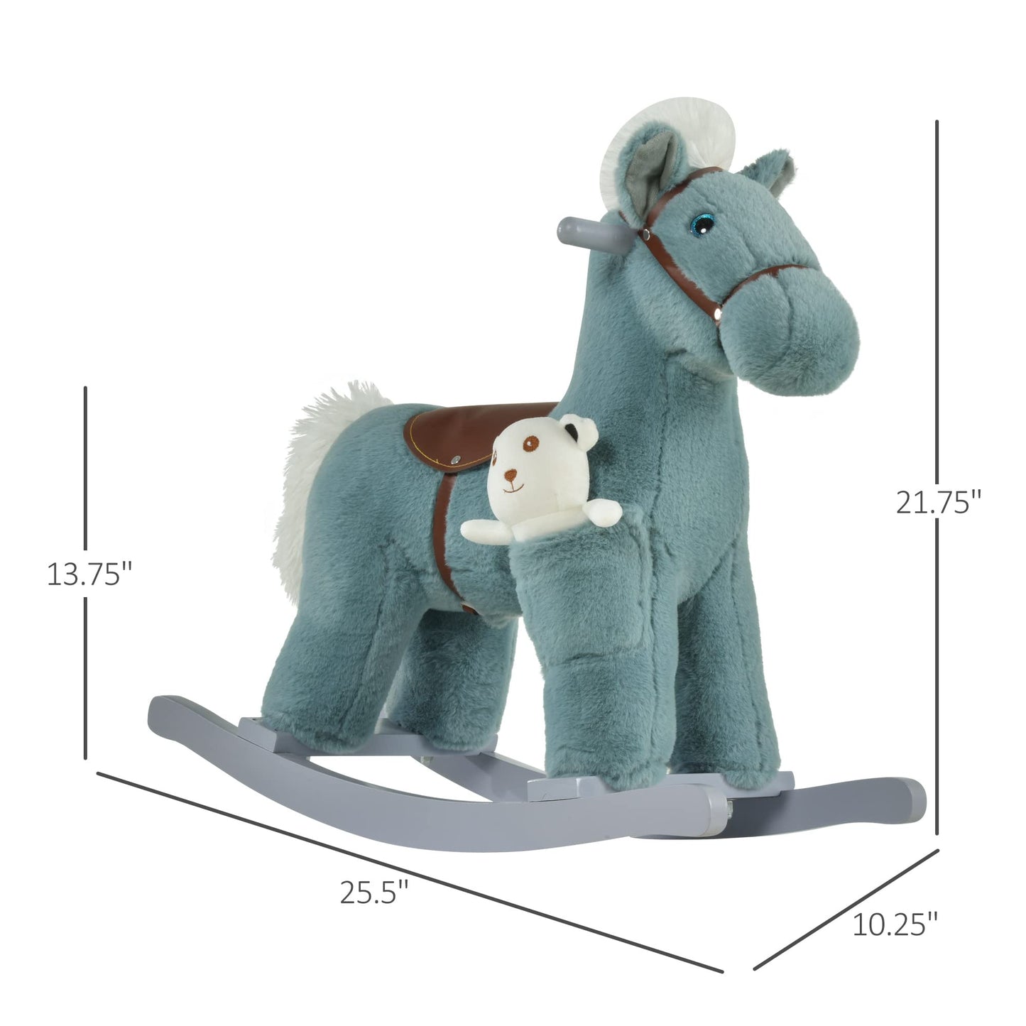 Qaba Kids Plush Ride-On Rocking Horse With Bear Toy, Children Chair With Soft Plush Toy & Fun Realistic Sounds, Blue