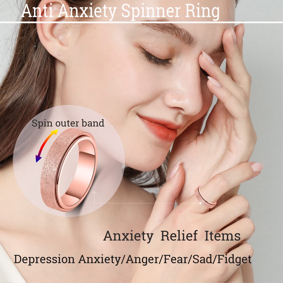 Anxiety Ring For Women Fidget Spinner Ring Fidget Toys Adults Titanium Stainless Steel Thumb Ring Rose Gold Size 9 6Mm Wide