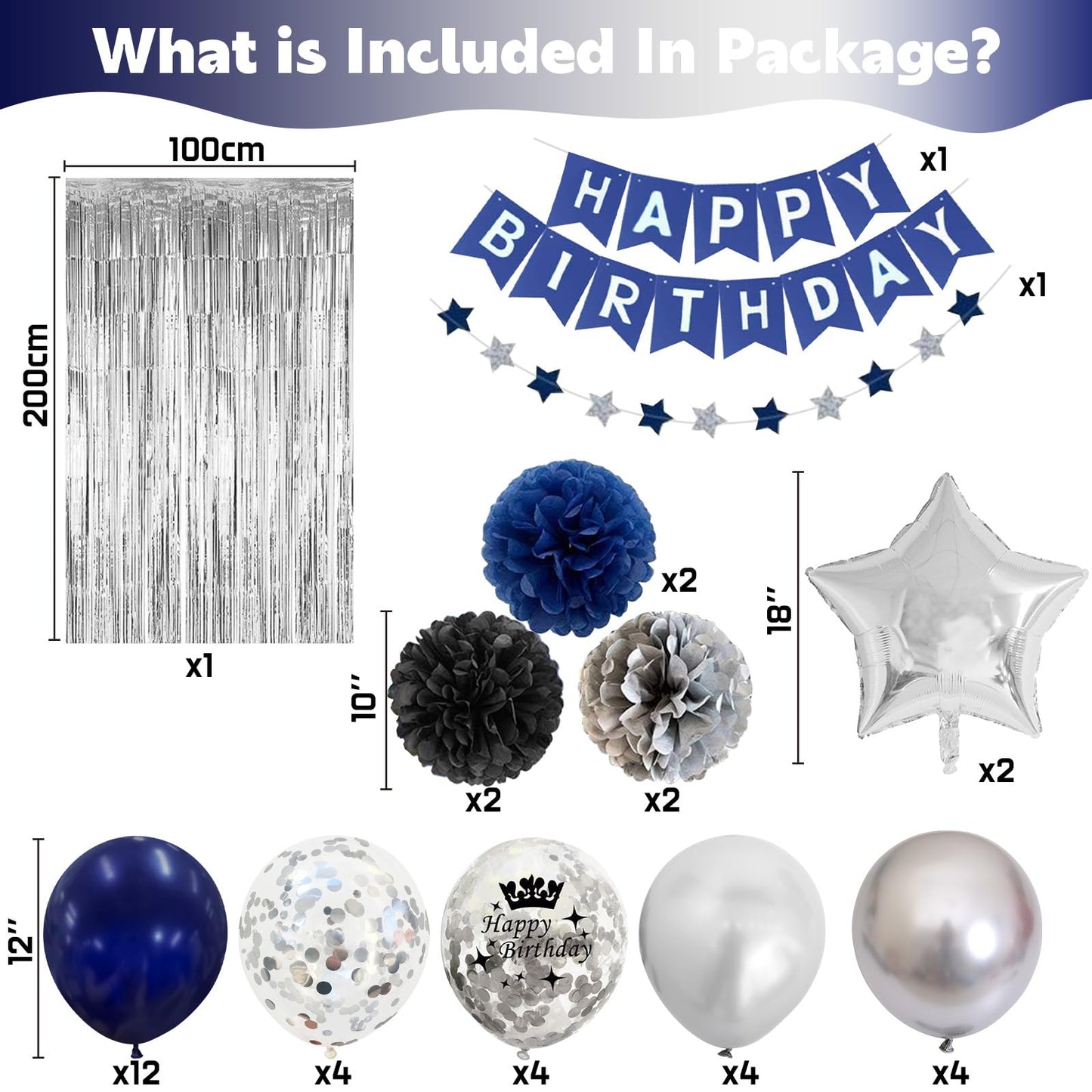 Blue And Silver Birthday Decorations For Men Boys, Navy Blue Silver Party Decoration Royal Bue Silver Birthday Balloons Happy Bi