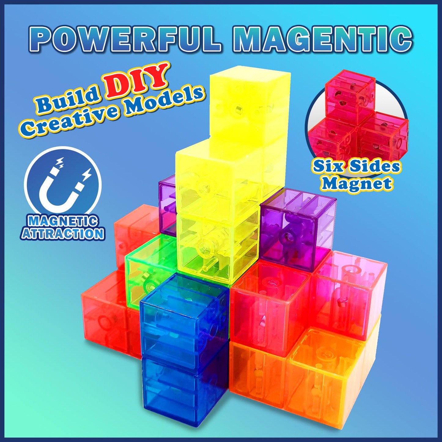 Coskehan Magnetic Building Blocks, Stem Magic Magnetic 3D Puzzle Cubes, 7 Pcs Preschool Multi Shapes Magnetic Toys With 54 Cards