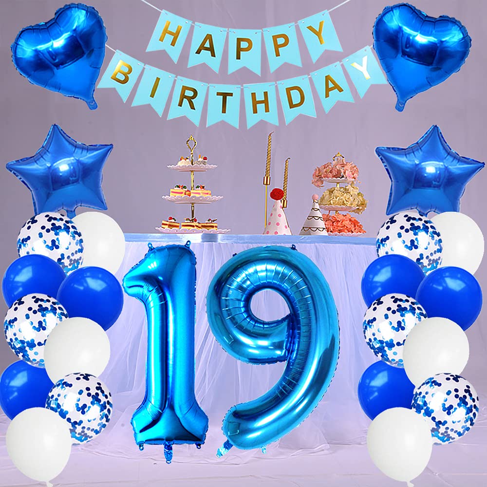 Huture 19 Birthday Party Supplies Blue Number 19 Foil Balloon Happy Birthday Banner Kit 19Th Birthday Decoration White Blue Late