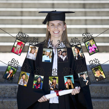 Black Glitter K-12 Graduation Photo Banner Kindergarten to 12th Grade Graduation Picture Banner for Grade Photo Kindergarten Par