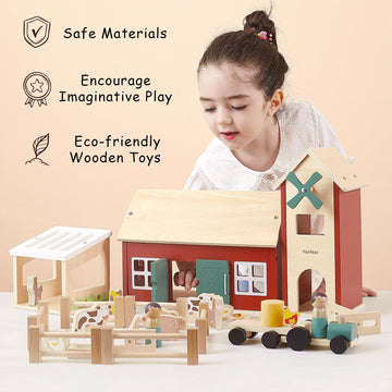 Pairpear Wooden Farm Animal Toys Bran Farm Palyset, Kids Red Barn Farm Toys With Farm Animals Figures And Tractor, Educational Stacking Learning Toys Gift For Toddler Girls Boys 3+