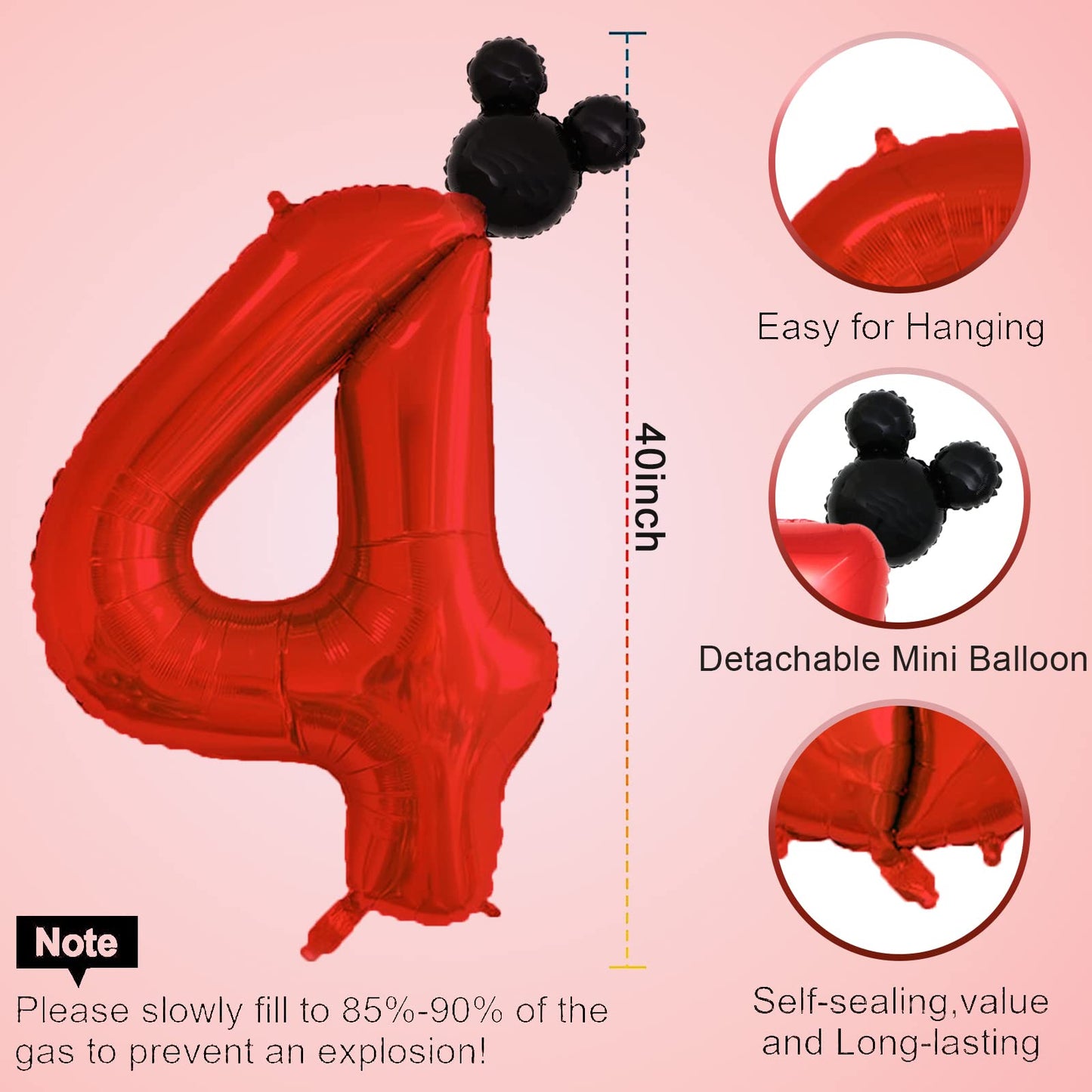 Hibilder 2Pcs Balloon Set, Red Number 4 & Mini Mouse Head, Birthday Party Decoration, Cartoon Theme, Aluminum, Unisex, Reusable,