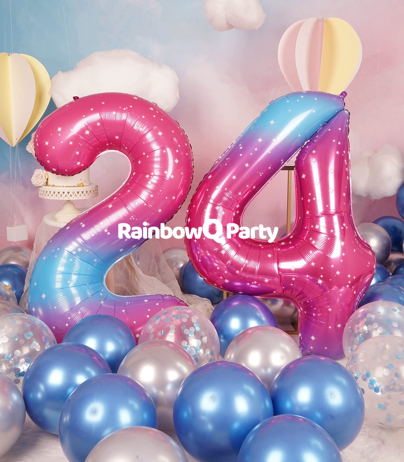 Rainbowq 24 Balloon Numbers 40 Inch For Women Big Starry 0-9 Foil Mylar Large Number 24 Balloons Happy 24Th Birthday Party Anniv