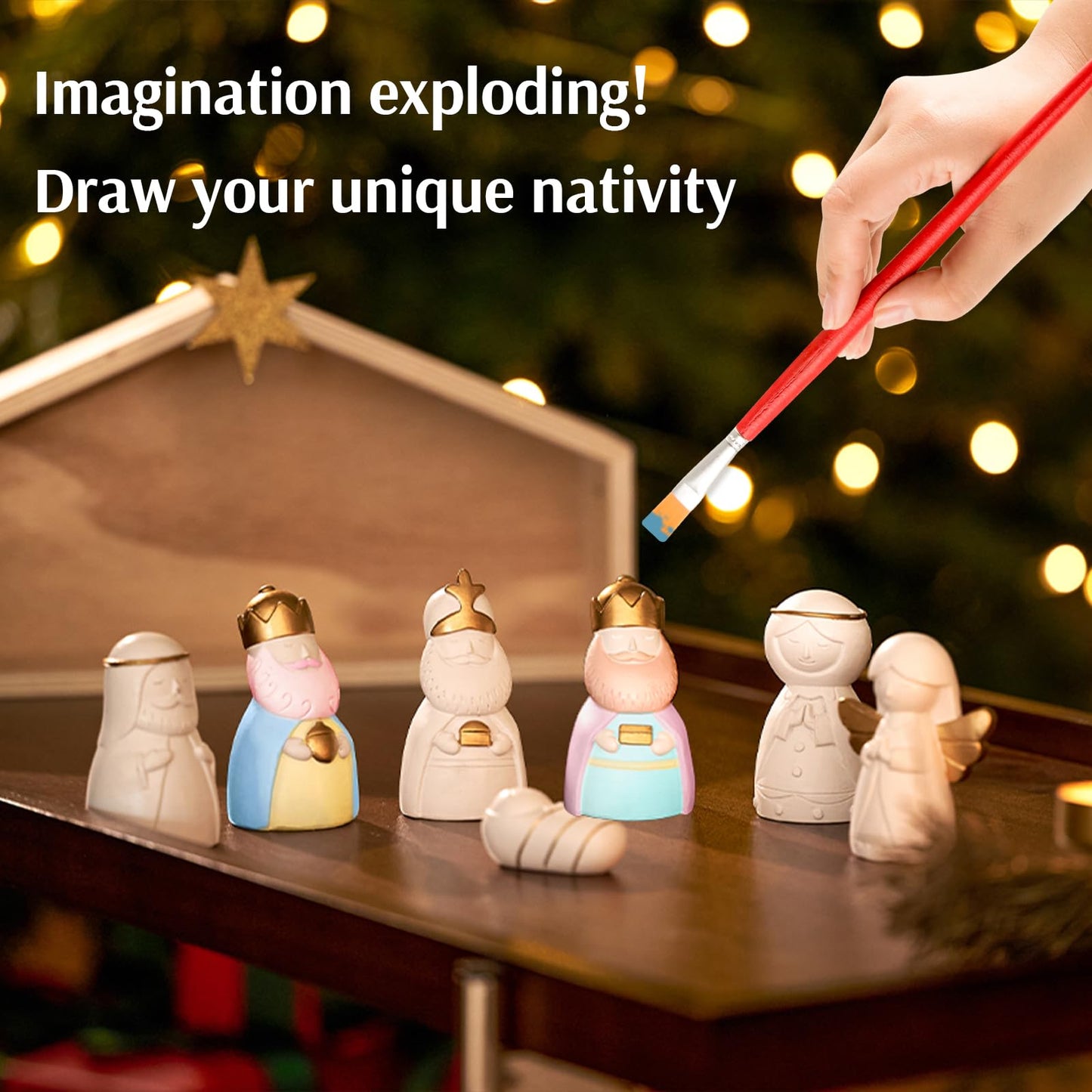Wds Wondrous Christmas Nativity Set-8Pcs White And Gold Mini Nativity Figures Modern Holy Family Scene, Resin And Wood Religious