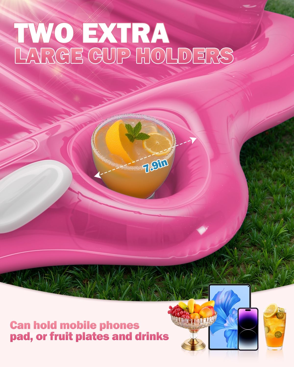 Snowalva Inflatable Tanning Pool Lounger Float, 72"x61", Pink, PVC, Model FY033, 5-in-1 Sunbathing Raft for Pool Party & Summer Fun