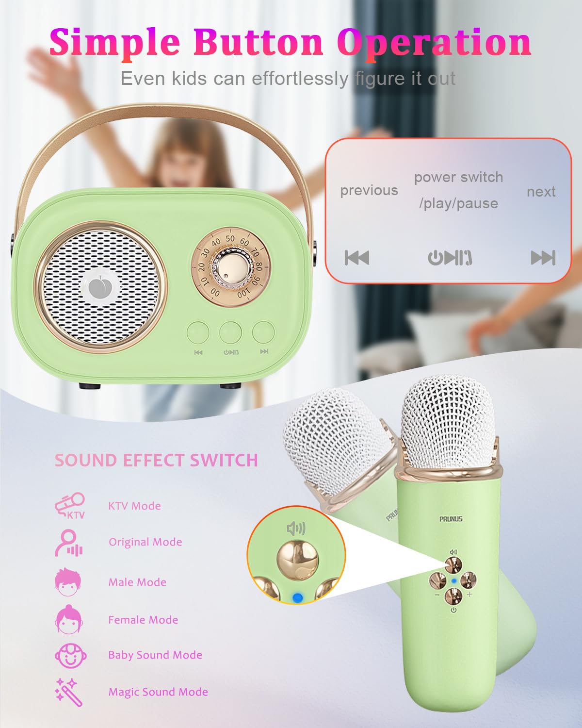 Prunus Mini Karaoke Machine For Kids&Adults,Portable Bluetooth Speaker With 2 Wireless Microphones And Stereo Sound Enhanced Bas