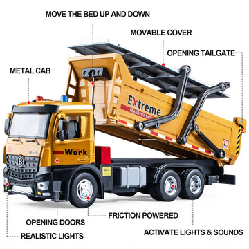 HAPYAD Dump Truck Toy Metal Cab, Friction Powered Large Dump Trucks for Boys Age 4-7, Big Construction Truck with Lights and Sou