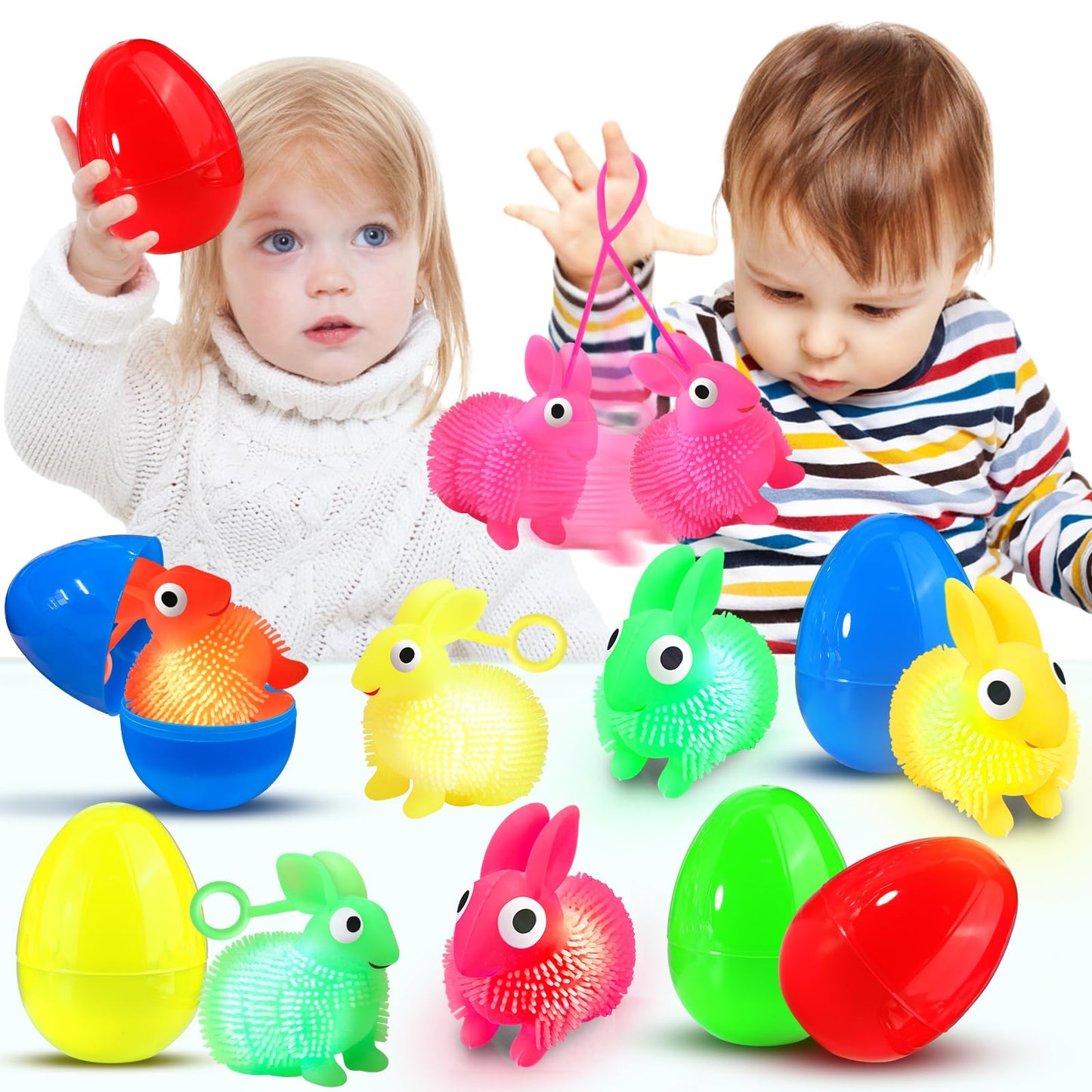 8 Pack Jumbo Easter Eggs Filled Larger Bunny Puffer Balls for Kids, Light Up Squeeze Balls Bunny Stress Relief Fidget Toys for E